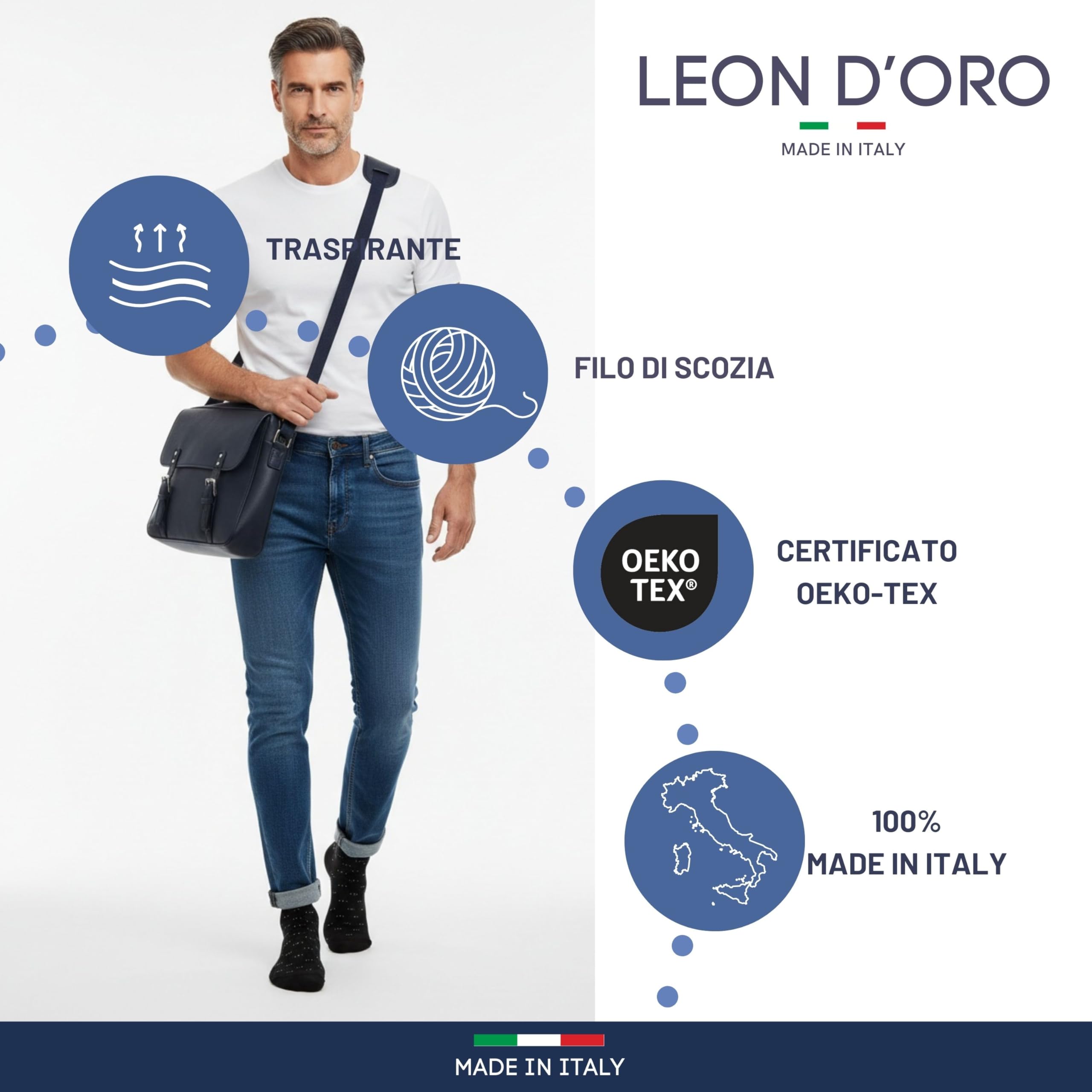 LEON D'ORO Calze uomo COTONE corte Calzini LEGGERI in FILO DI SCOZIA calze ESTIVE pois righe fantasia MADE IN ITALY
