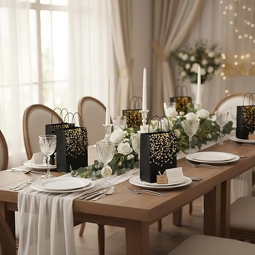 Miniatura 7 de Nicunom Paquete de 60 bolsas de regalo de papel, 8.3 x 5.9 x 3.1 pulgadas, bolsas de regalo de oro negro, bolsa de compras, bolsa de papel kraft a