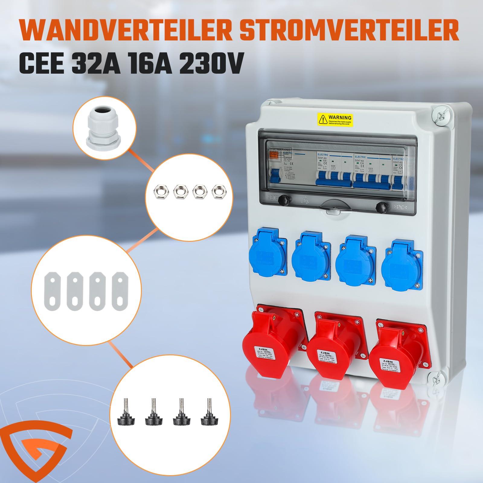 Baustromverteiler 4x230V 2x16A 1x32A mit FI Schalter LS Schalter 400V CEE, 5 polig Wandverteiler mit 4 Schutzkontaktsteckdosen für Innen Außenbereich auf Baustellen IP44