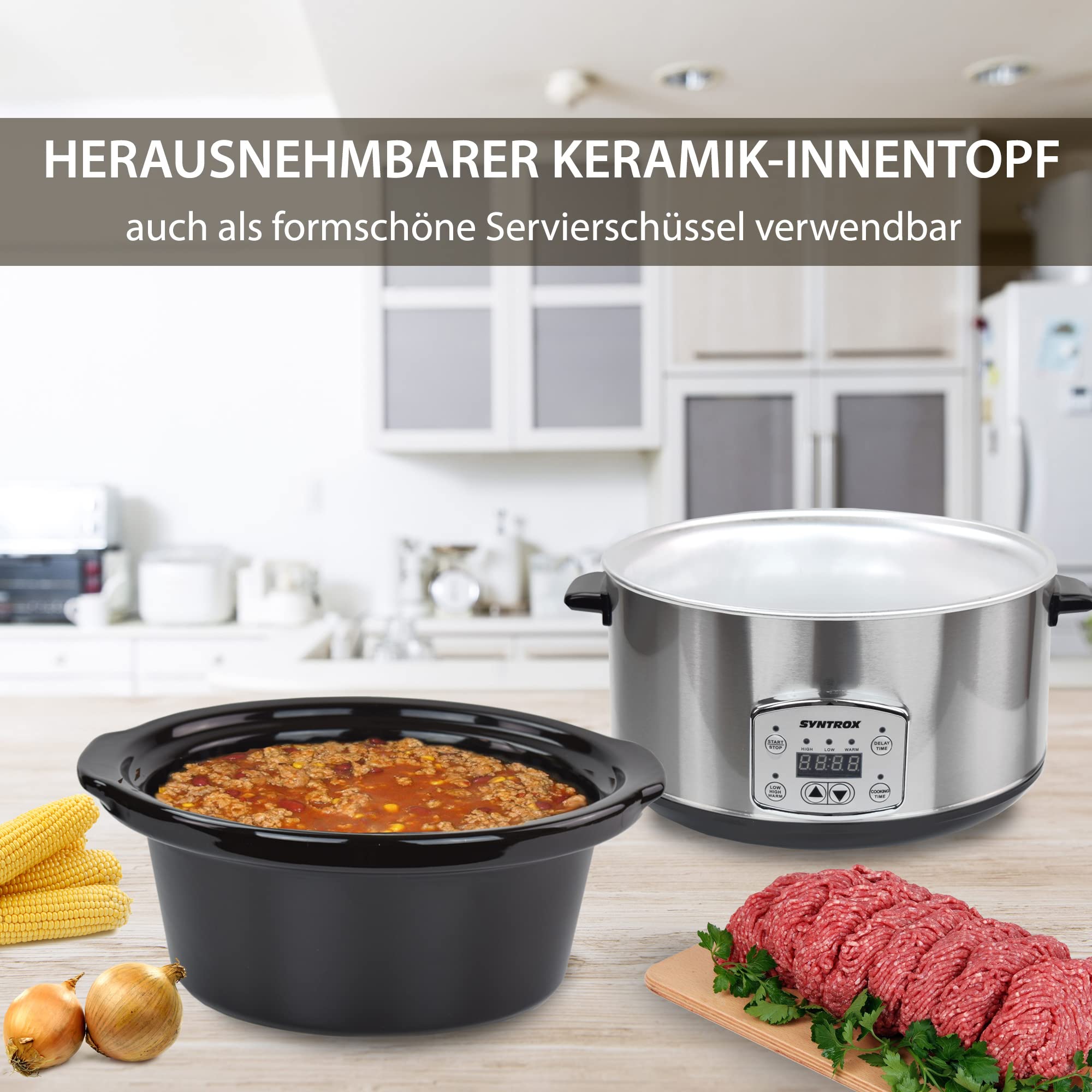 Syntrox Germany Schongarer mit 4,5L Slow Cooker mit 3 Heizstufen und Warmhaltefunktion und 200 Watt