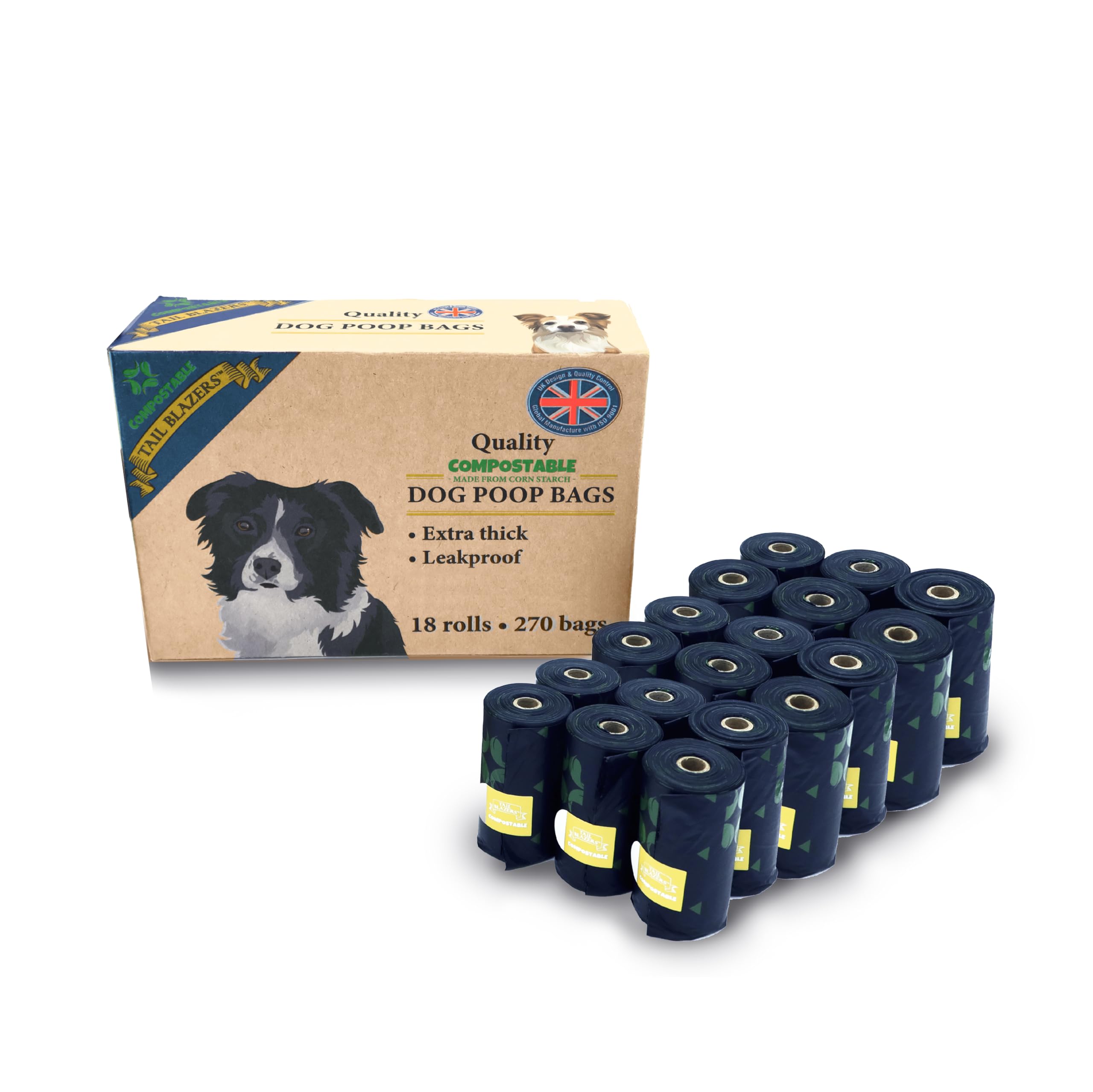 Tail Blazers Black Tail Blazers™ Quality Compostable Dog Poop Bags 270. Corn Starch Waste Bag Rolls For Dogs. Double Seal, Leak Proof. Different From Biodegradable Doggy Poo Bags. Extra Thick And Easy Tear.