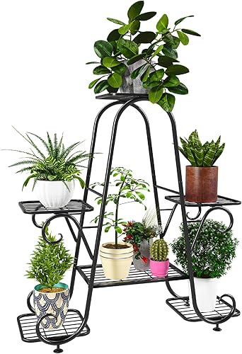 Miniatura 3 de Soporte de metal para plantas de 6 niveles para plantas de interior y exterior, estante alto de hierro de múltiples niveles, estante negro para