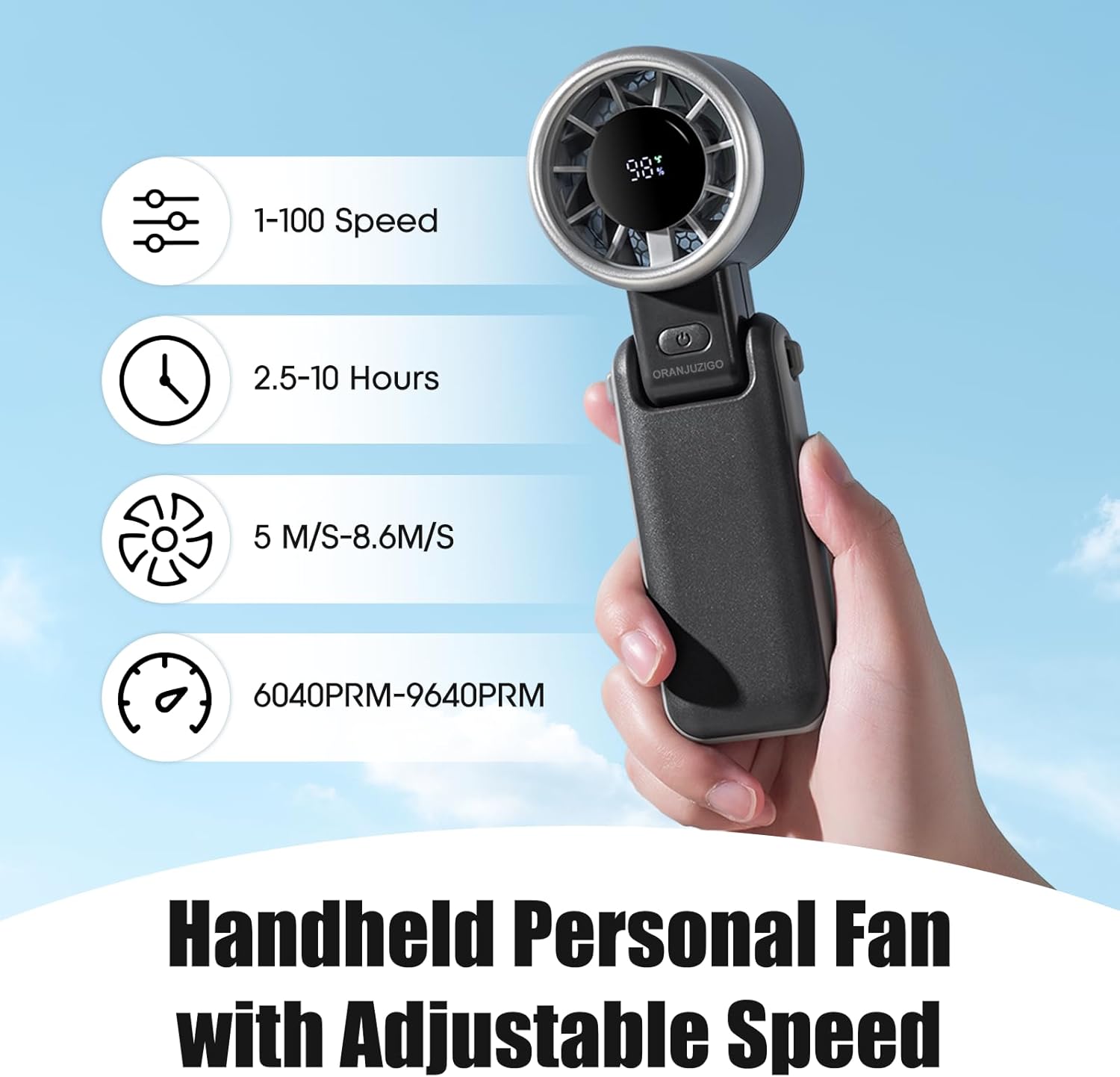 Handheld Turbo Fan with LED Digital Display and Portable Turbo Fan 180° Folding Design,5 Speeds Adjustable Portable Rechargeable for Travel,Office,Outdoor and Home (Black)