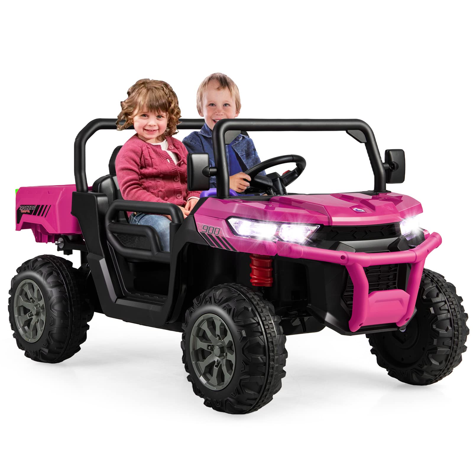 COSTWAY 12V Voiture Électrique Enfants 2 Places avec Télécommande 2,4 G & Pelle & Benne, Véhicule Électrique avec Phares LED & Musique, Vitesse 3-8 KM/H, Charge 50kg pour Enfant de 3-8 Ans
