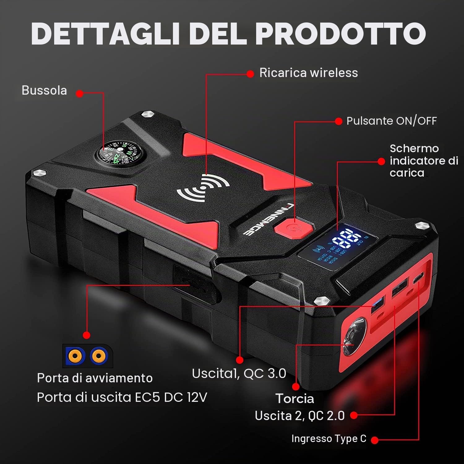 FNNEMGE Avviatore Batteria Auto, 6000A 26800mAh (Adatto a Tutti i Veicoli a Benzina o 10,0L Diesel) Avviatore Emergenza per Auto,con di Uscita USB, Luce LED,Adattatore di uscita EC-5.