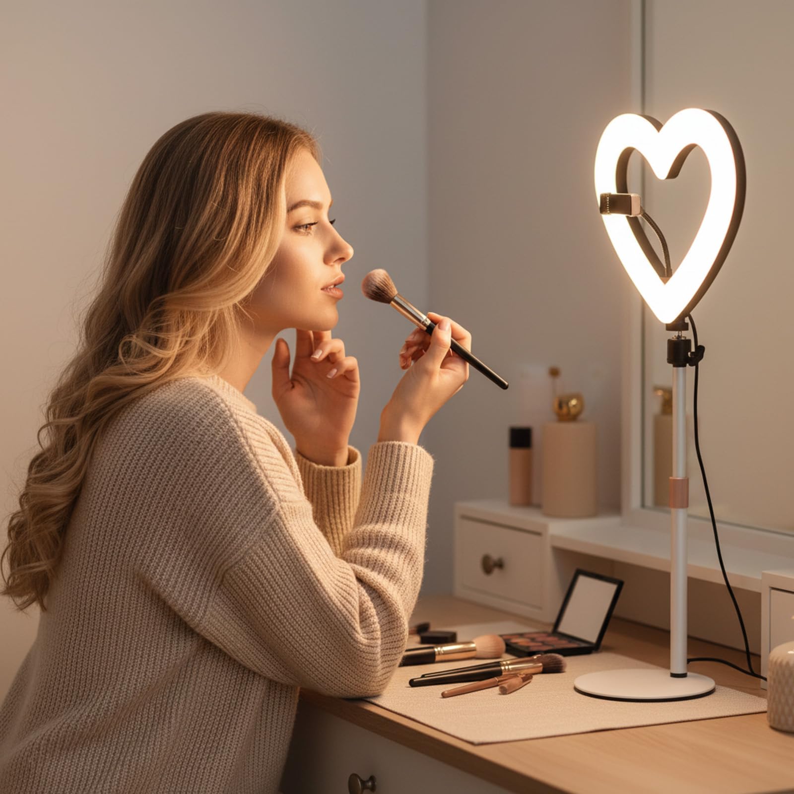 Anneau lumineux en forme de cœur avec 47 couleurs RVB, lumière selfie de 25,4 cm avec 10 niveaux de luminosité et 3 modes d'éclairage, anneau lumineux alimenté par USB avec support de