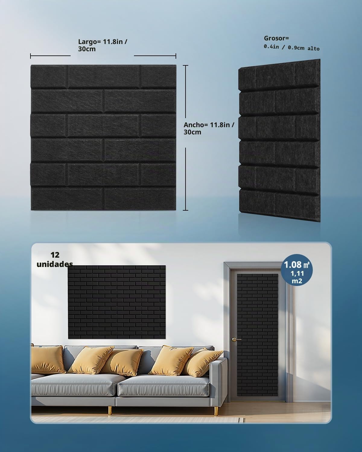Paneles Acusticos Autoadhesivos, 12 Piezas, Panel Acústico Decorativos para Paredes, Puertas, Techo, Acoustic Panels, Estudio, Gaming Habitacion, Dormitorio, 30 x 30 x 0,9 cm, Negro