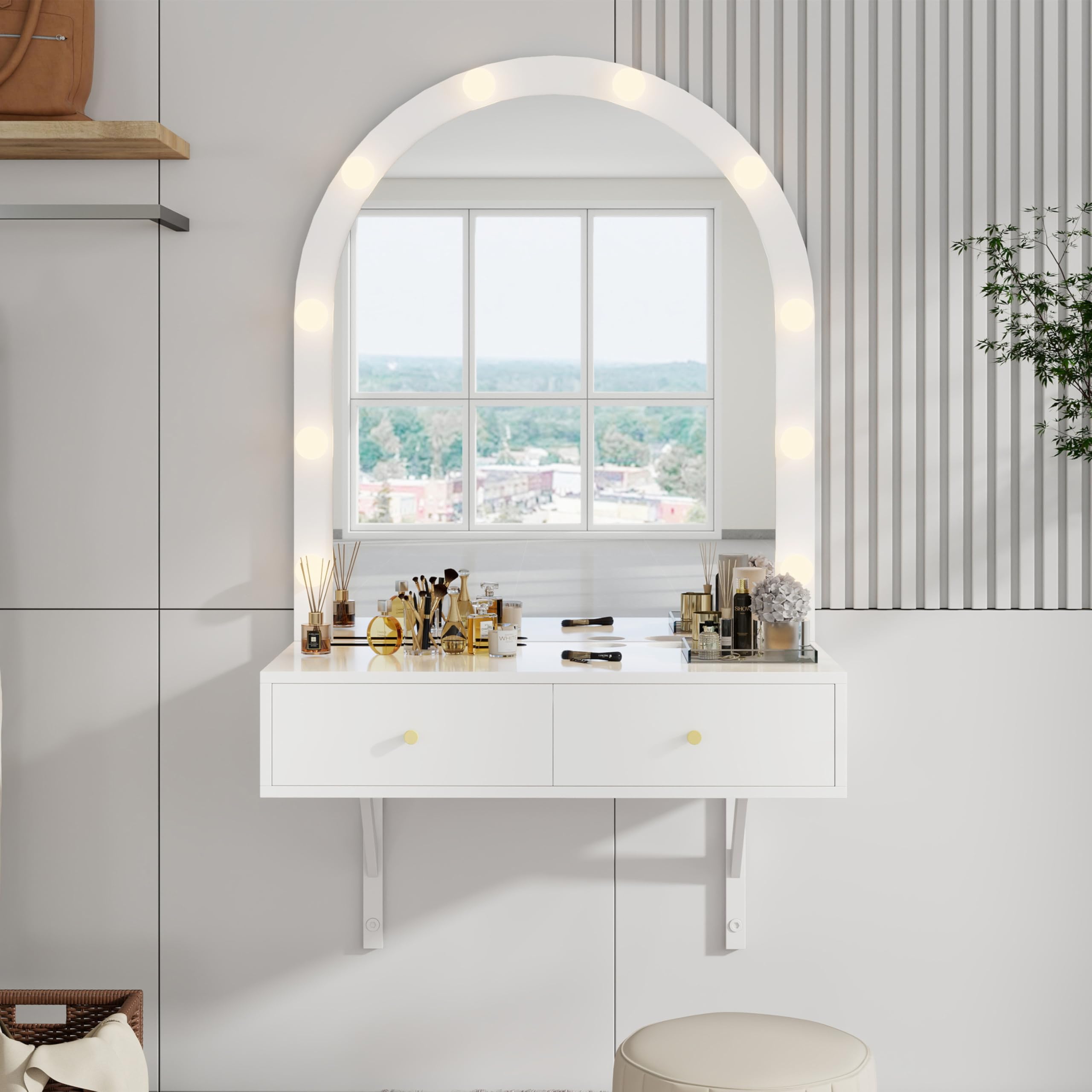 SSLine Modern Salon Station with Mirror and Light Wall Mounted Styling Sation for Hair Stylist Barber Shop Beauty Spa Dressing Table with 2 Drawers, Power Outlet and Tool Insert Holes (White)