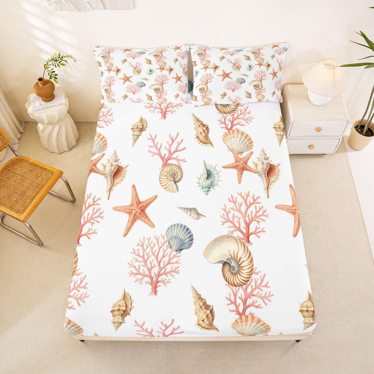 Homewish Coastal Beach prześcieradła podwójne oceaniczne stworzenia, prześcieradło z gumką, głęboka kieszeń, 40 cm, zestaw pościeli z muszlą, motyw koralowej rozgwiazdy, z 2 poszewkami na poduszki