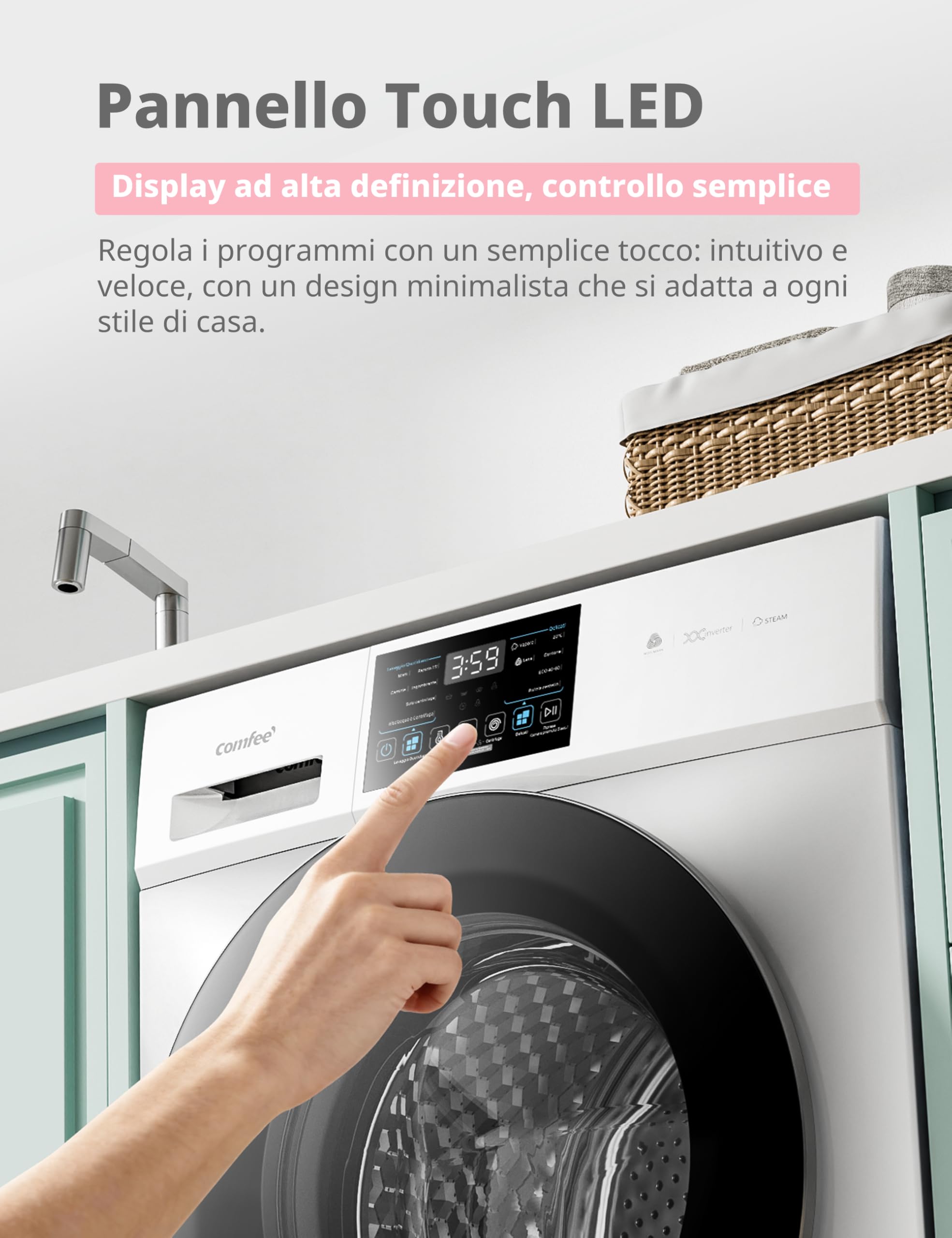 COMFEE' Lavatrice Carica Frontale 8 kg, Classe A-10%, 1400 Giri, Vapore Igienico, Motore Inverter Silenzioso, Lavaggio Rapido, Pannello touch, Wool, Bianco - CFP03EW80W-IT