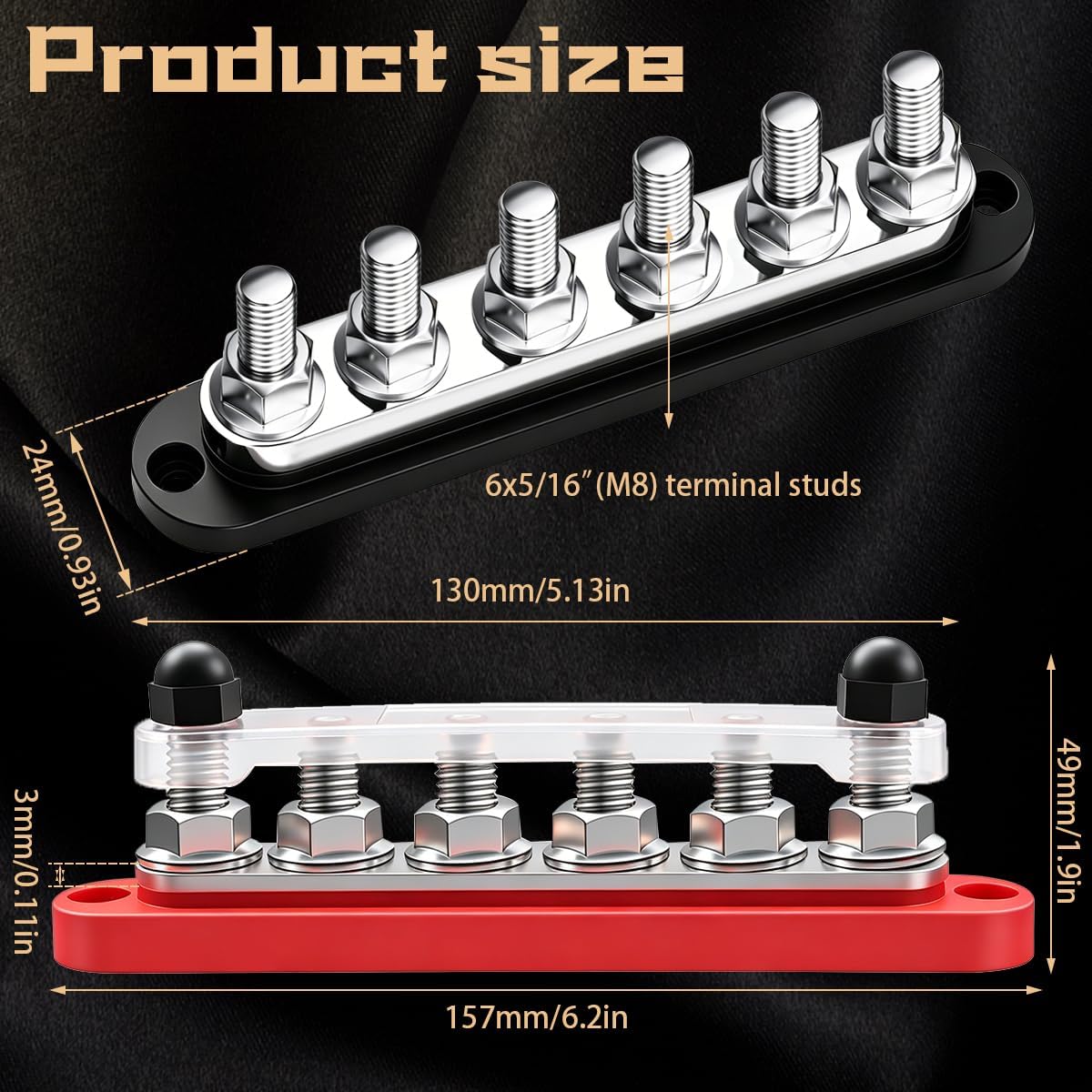 350A 12V-48V Bus Bar Marine Power Distribution Block with Cover with 6 x 3/8”Post,Battery Bus Bar (Pair,Red & Black),Automotive Busbars 12 Volt for Car Boat Solar Wiring