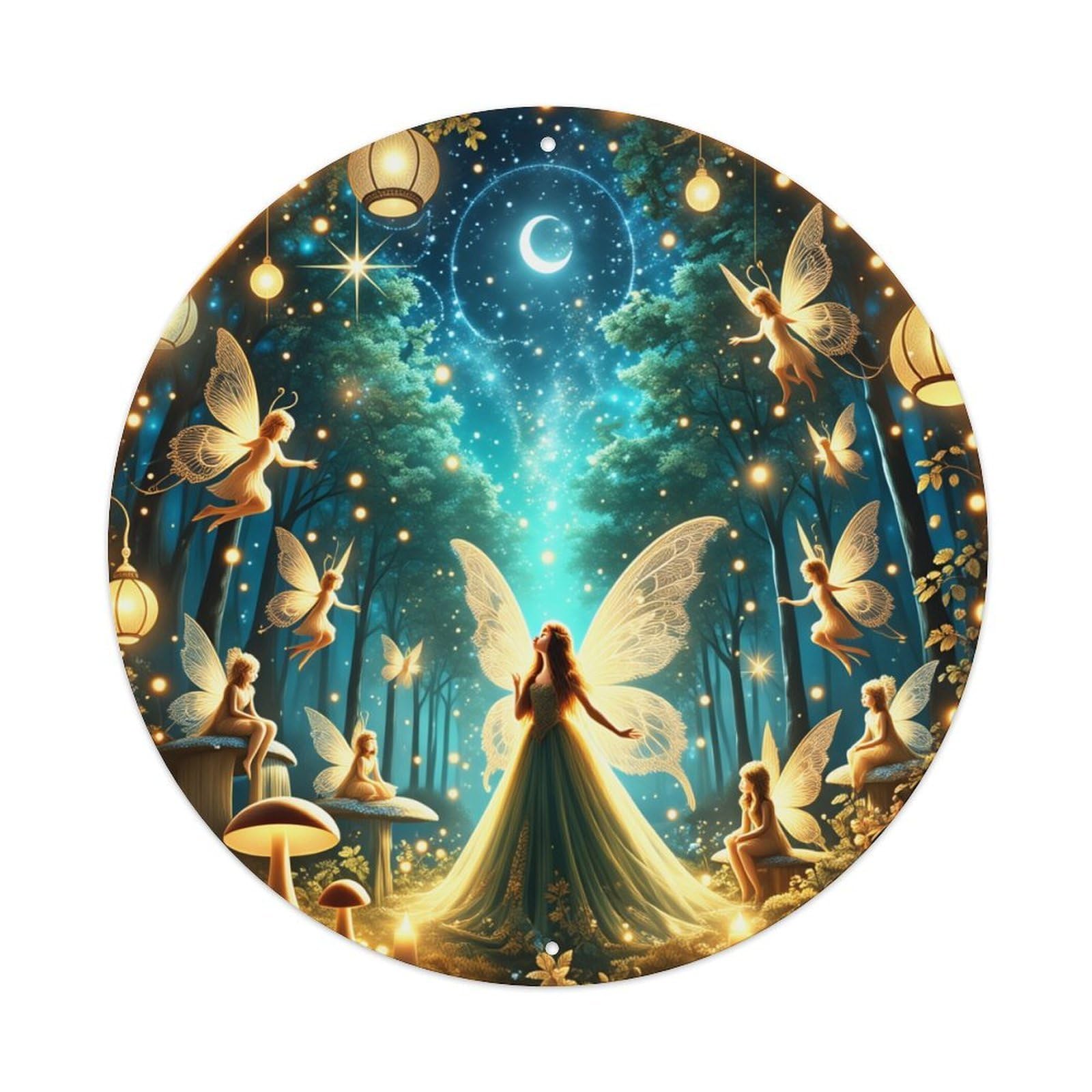 Enchanted Forest Fairies Moonlight Glow Round Tin Sign Vintage Metal Poster, Home Bar Garage Man Cave Cafe Indoor & Outdoor Wall Decoration 8x8Inches