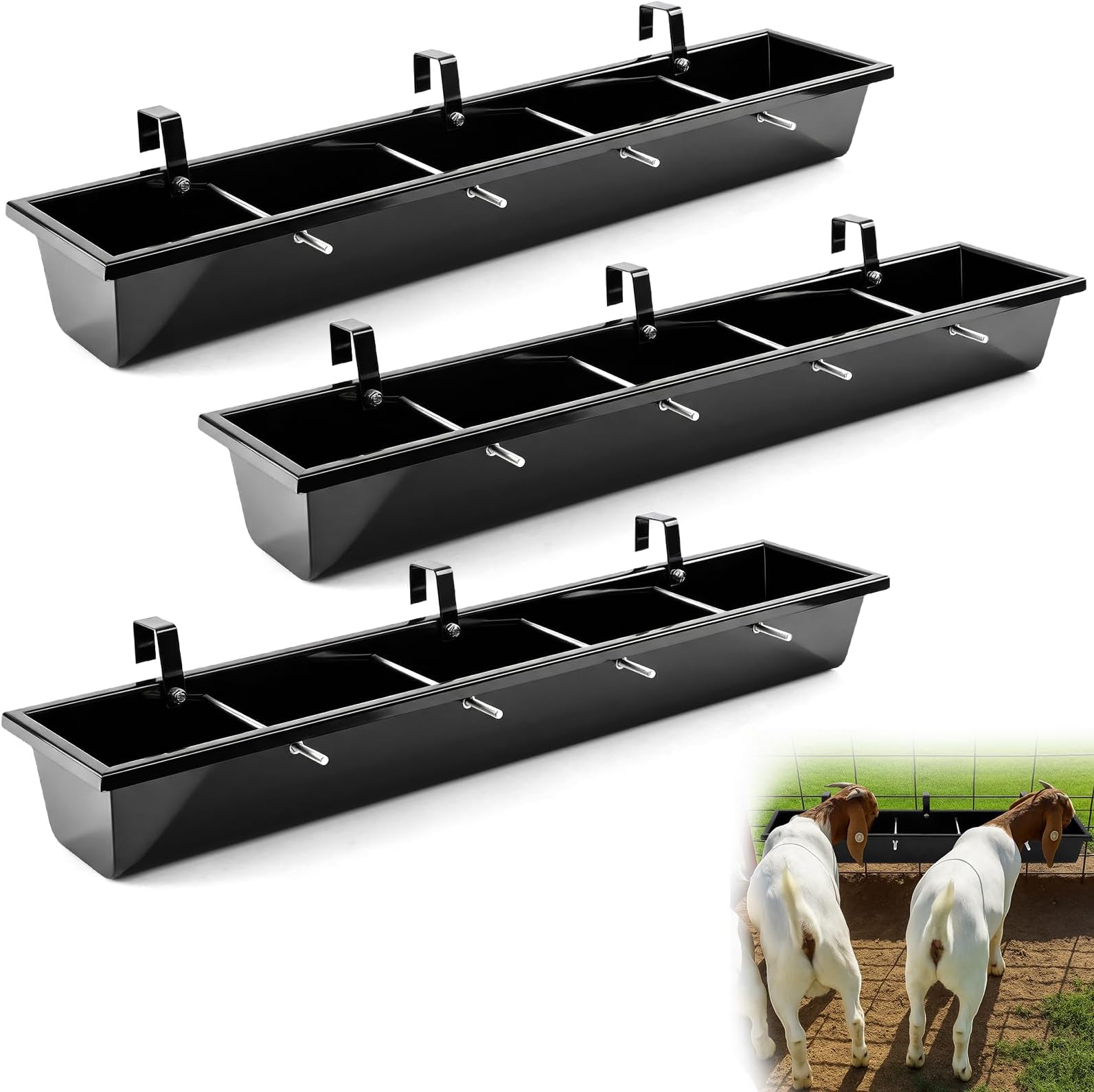 3 Pcs 26 Inches Hook Over Goat Trough 7.8 Quart Large Hanging Fence Feeder Horse Trough Hook and Mount Feeder Water Bucket Heavy Duty Steel Divided Goat Supplies for Dog Horse Pig