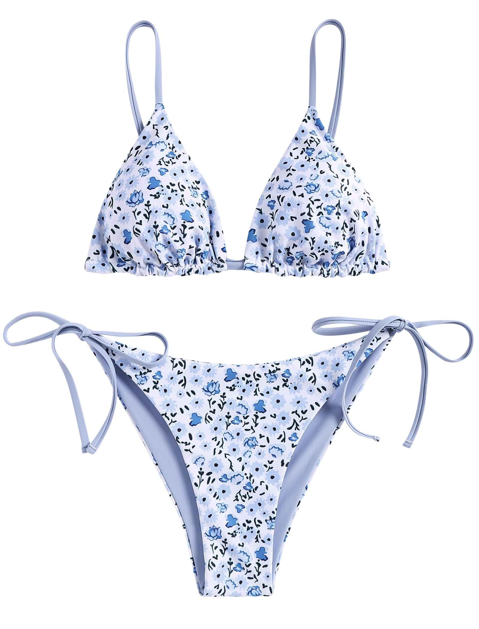 ZAFUL Women's Triangle Bikini Floral String Bikini Set Two Piece Swimsuit Reversible Bikini, Bikini Sets For Women, High Cut, Sexy, Brazilian, Thong, Bathing Suits, Tie Side, Tie Back, Low Waisted