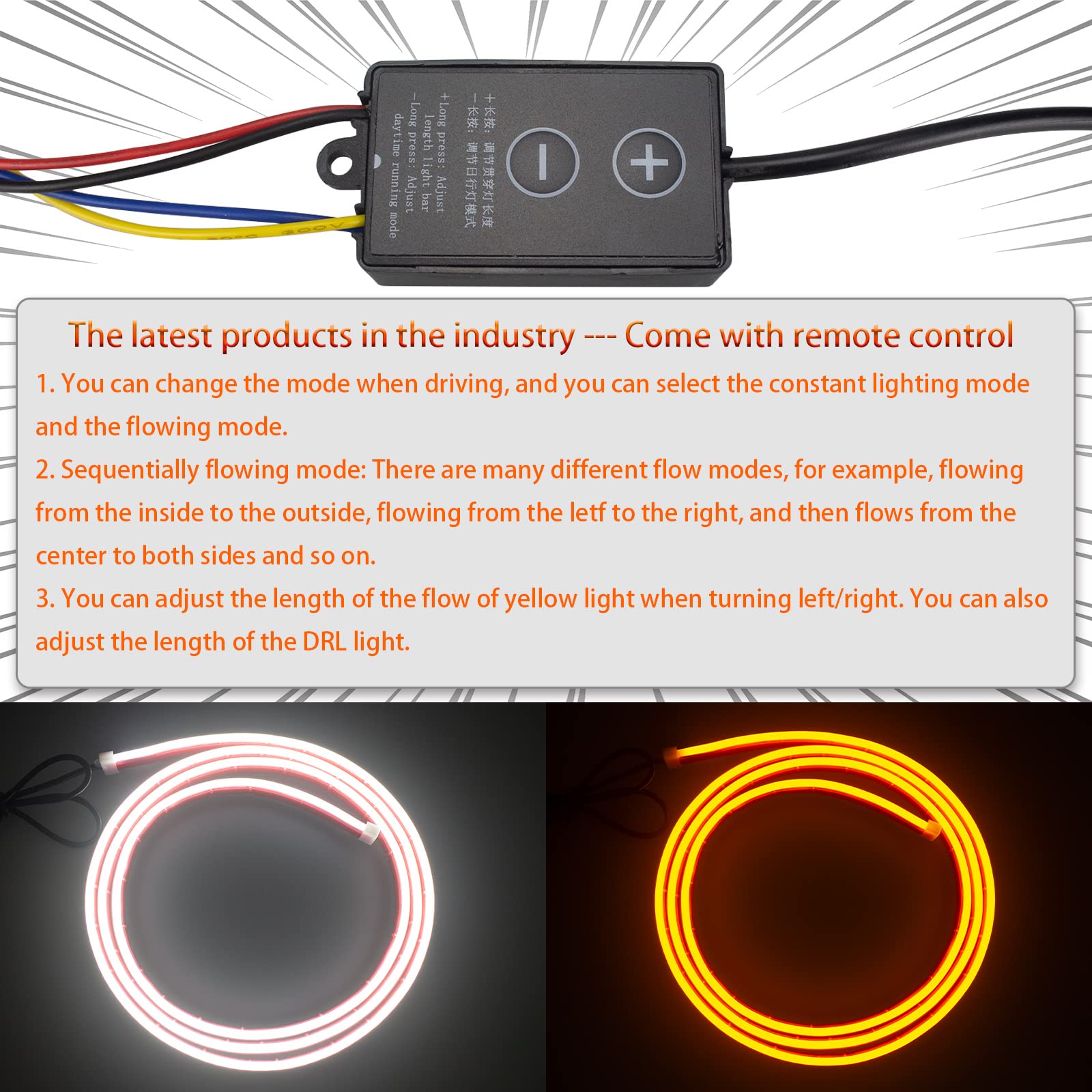 Car Hood Light Strip 200CM White Exterior Car LED Strip Lights for Hood Flexible Waterproof Dynamic Scan Sequential Turn Signal Amber DC12V Daytime Running Lights with Remote for Cars, Trucks — view 3
