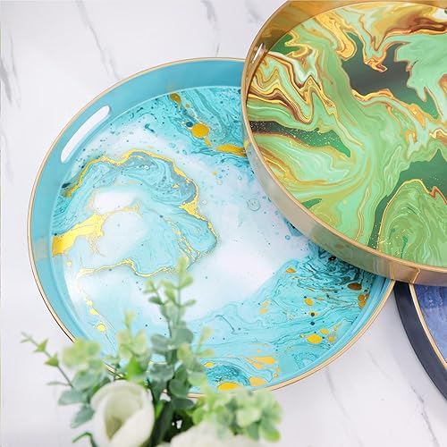 Miniatura 6 de Bandeja decorativa redonda de mármol negro con asas, bandeja de plástico Morden de 13 pulgadas para mesa de café, baño, otomana, decoración del hogar