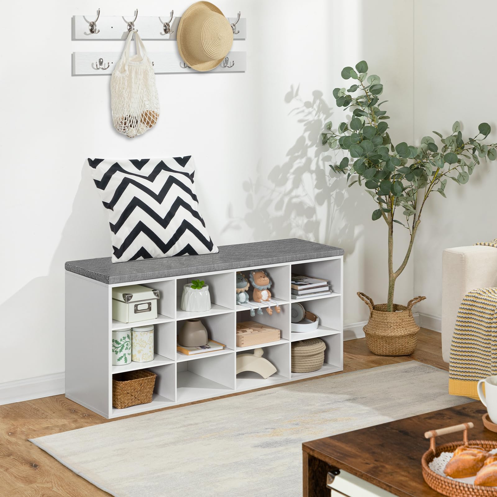 HOOBRO Banc à Chaussures, Banc de Rangement avec 12 Compartiments, Étagère à Chaussures, Porte-Manteau, 100 x 30 x 48 cm, Entrée, Couloir, Chambre, Blanc et Gris EWT112HX01
