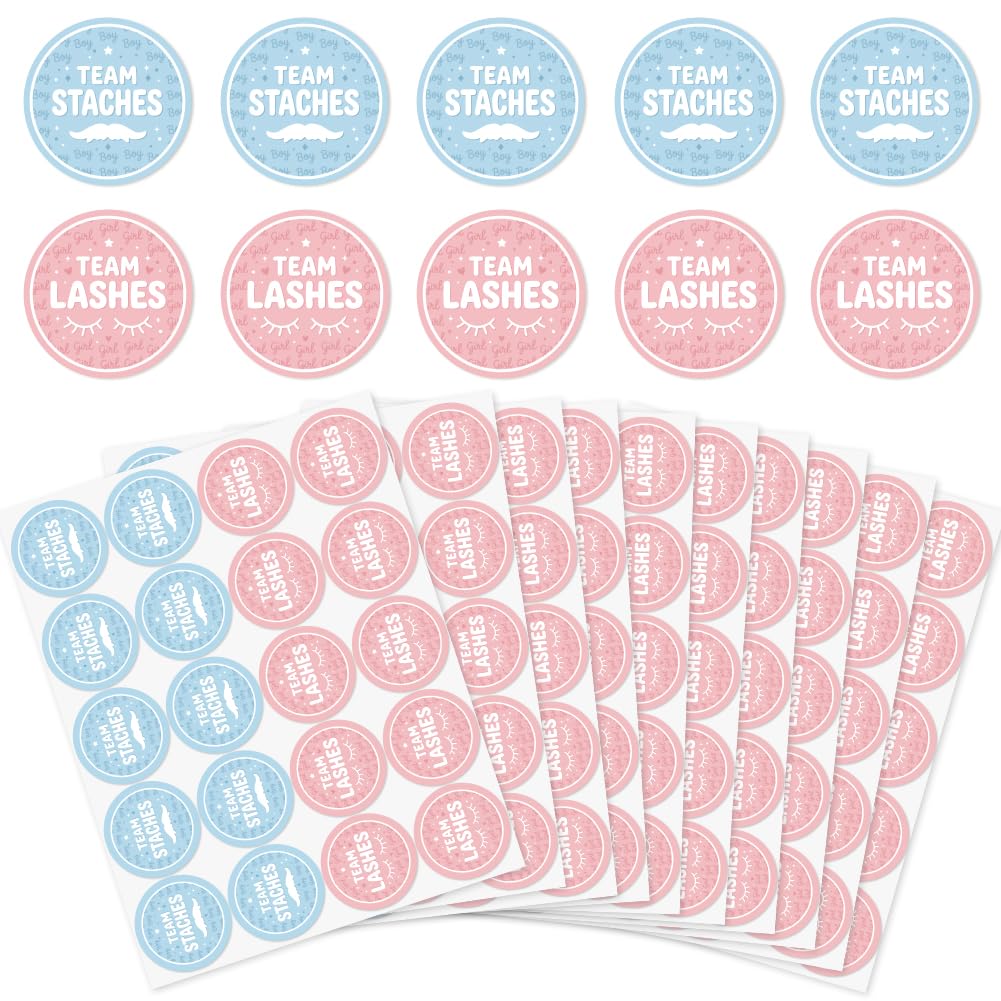arricraft 200 Pcs Gender Reveal Stickers, 5cm/1.97inch Lashes Staches Round Self-Adhesive Gender Reveal Labels Decorations Party Supplies Stickers for Shower Party Voting Game Ideas
