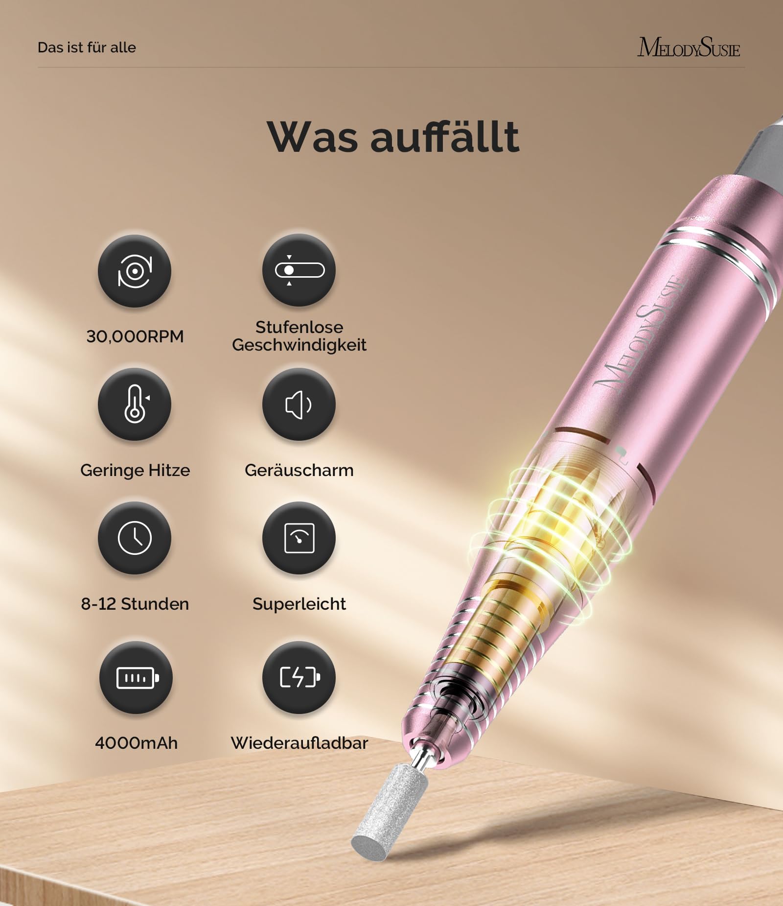 MelodySusie SC300F Aufsteckbarer Nagelfräser, Wiederaufladbare Elektrische Nagelfeile 30000 U/min, mit LCD-Display, Verstellbarer Geschwindigkeit, für Acrylnägel Gelnägel, für Salon & Zuhause