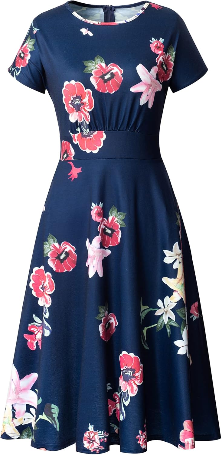 HOMEYEE Women's Short Sleeve Floral Casual Aline Midi Dress A102 (6,Navy/Red Flower) - Image 2