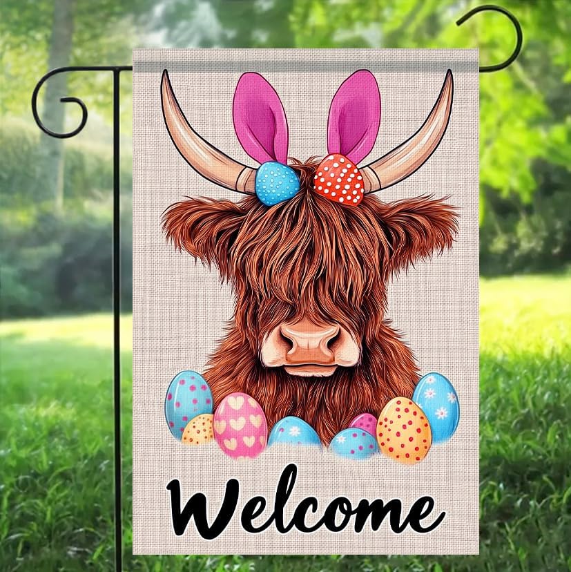 Happy Easter Garden Flag 12x18 Inch Double Sided Highland Cow Bunny Ear Egg Welcome Design Small Outdoor Yard Flag Spring Easter Banner for Porch Lawn Patio Farmhouse Decor - Image 5