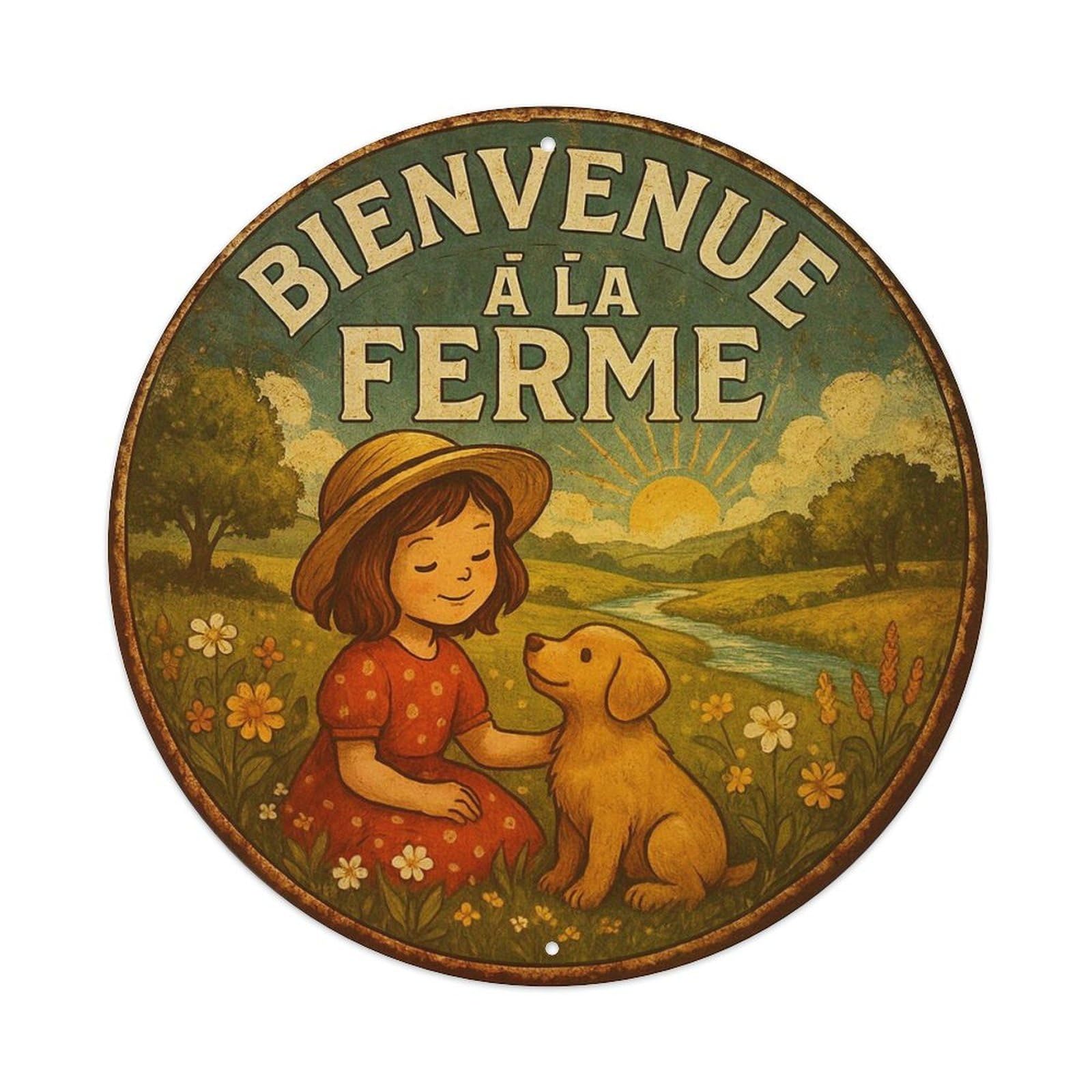 Girl And Puppy Farm Scene Tin Sign Metal Poster Vintage Metal Signs for Home Man Cave Bar Cafe Kitchen laundry room Wall Decorations 8x8 inches