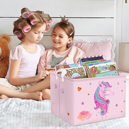 Miniatura 4 de Clastyle Adorable cesta rectangular con diseño de unicornio rosa, estrella de nube, corazón, ropa, libros, cubo de almacenamiento de juguetes, 36L