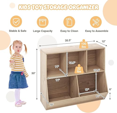 Miniatura 3 de COOURIGHT Almacenamiento de juguetes con estantería, estribo de biblioteca, organizador de juguetes de madera abierta de 5 cubos, estante de