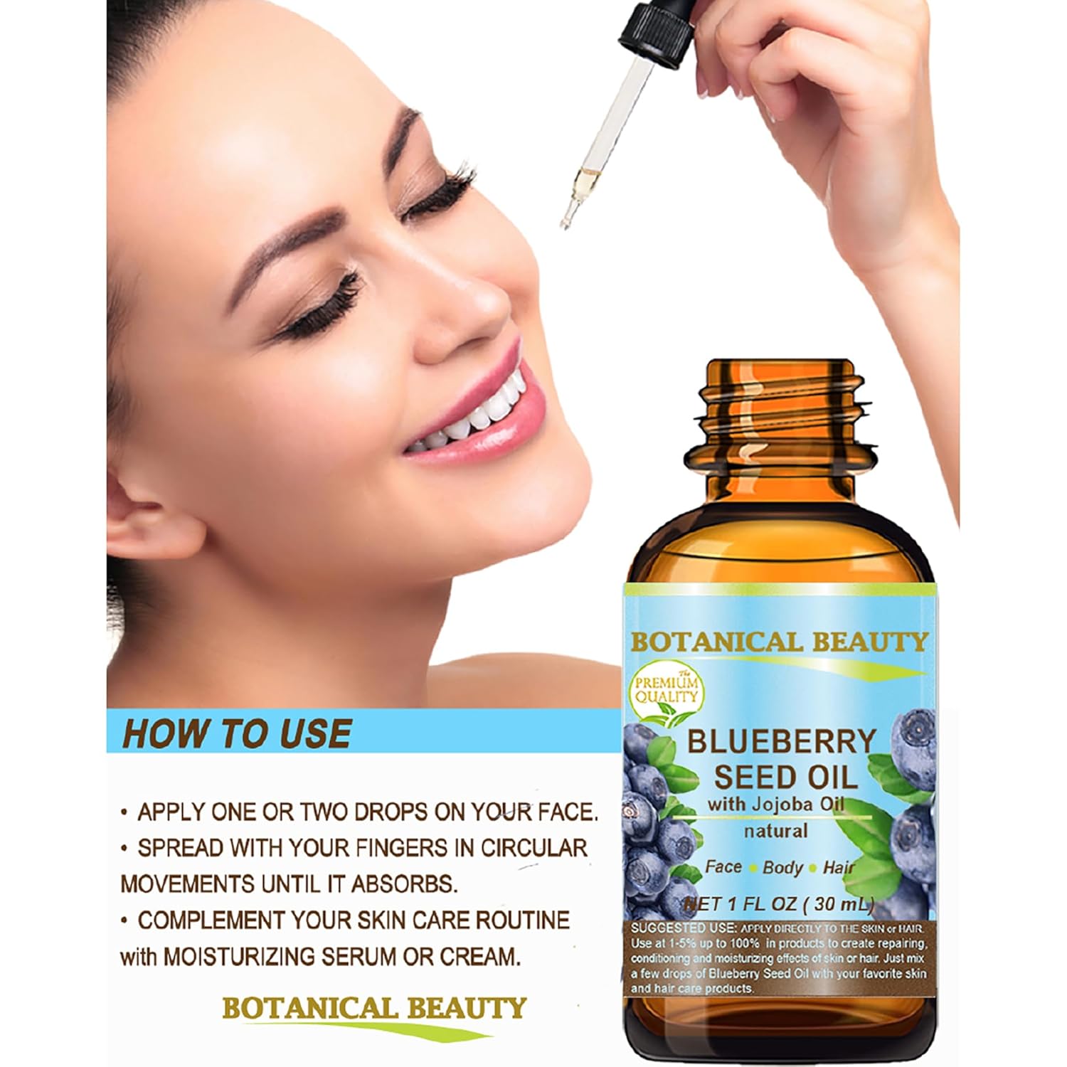 Botanical Beauty BLUEBERRY SEED OIL Virgin Unrefined Cold-Pressed Carrier Oil 4 Fl.oz.- 120 ml for Face, Dry Skin, Body, Hair, Nails, Anti-Aging Moisturizer