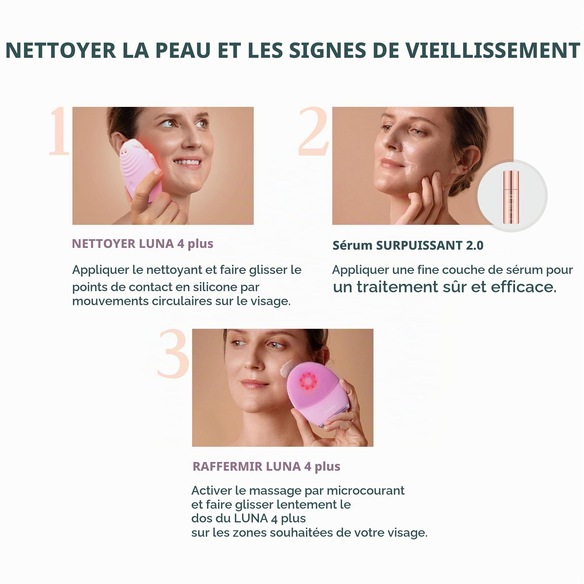 FOREO Firm & Clean Ensemble Luna 4 Plus Brosse nettoyante normale pour le visage + sérum surchargé 2.0, 30 ml – Thérapie par la lumière proche infrarouge – Appareil facial à micro-courant