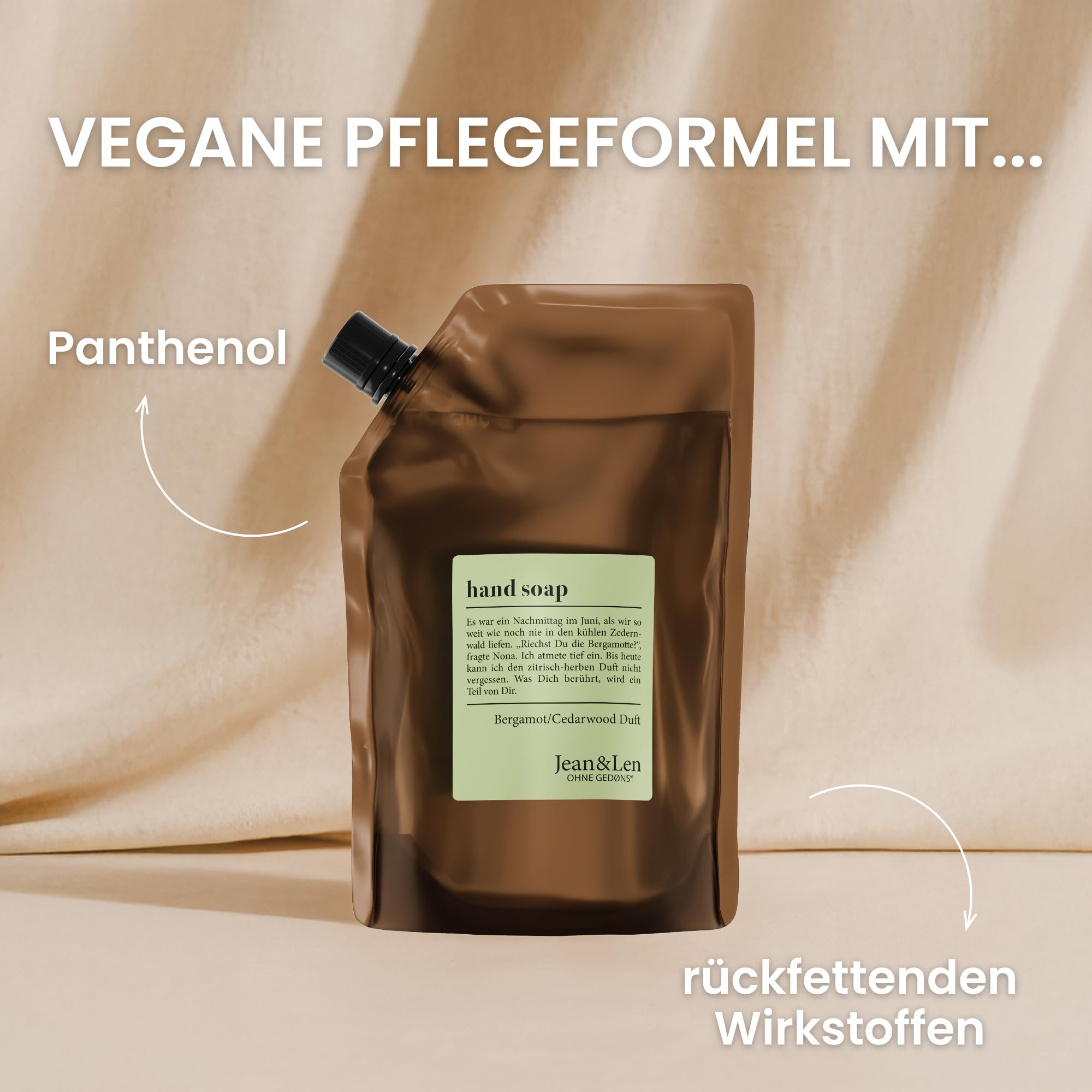 Jean & Len Savon mains bergamote & cèdre en flacon nu, nettoie les mains stressées, usage quotidien, parfum citronné frais, set vegan, 4 x 500 ml