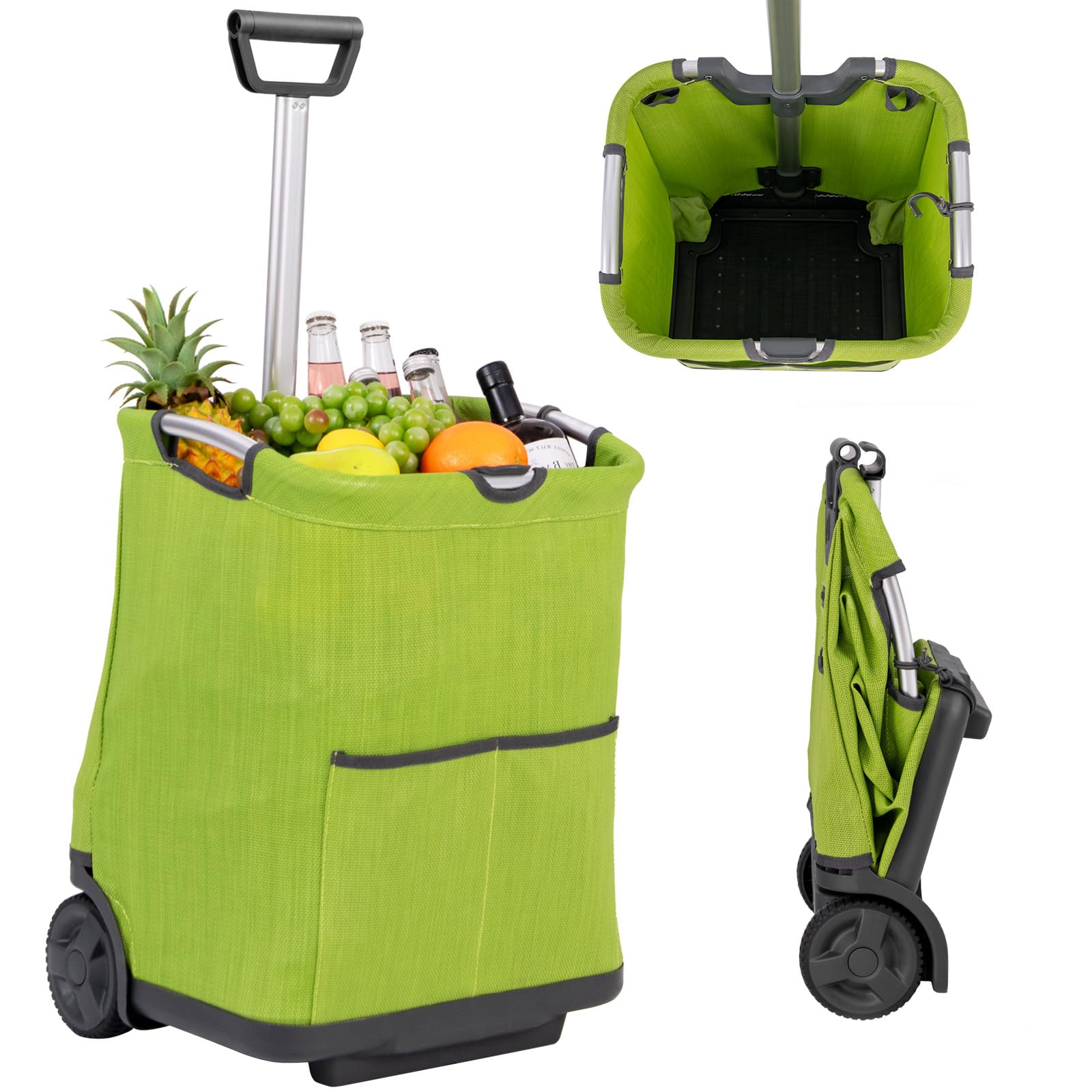GOPLUS Wózek na zakupy, składany, 50 l, wózek na zakupy, składany, z 2 kołami i 3 kieszeniami, lekki wózek na zakupy, wykonany z aluminiowej ramy, na zakupy i kemping, zielony (zielony)