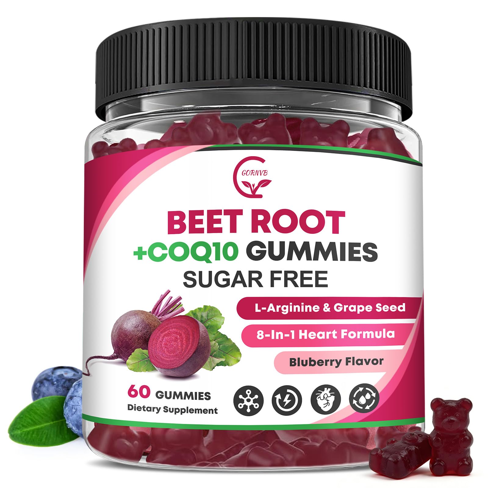 Beet Root Gummies – Beetroot Supplement with CoQ10, L-Arginine & Grape Seed Extract, Nitric Oxide Booster, Support Blood Pressure and Heart Health, Antioxidant Support, Vegan, Gluten Free – 60 Counts