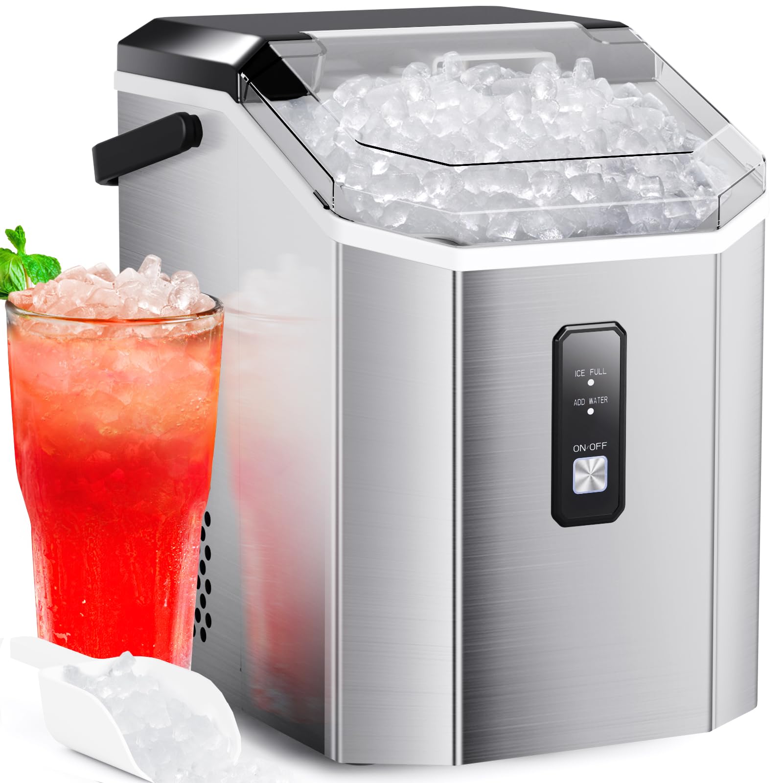 Zafro Nugget Ice Maker Machine, Stainless Steel, Portable Ice Maker With Handle,Slef-Cleaning, 35.5lbs/24h, 7mins Ice Making,With Ice Basket/Ice Scoop/Handle/User Manual, Silver on Fridge.com - View 1