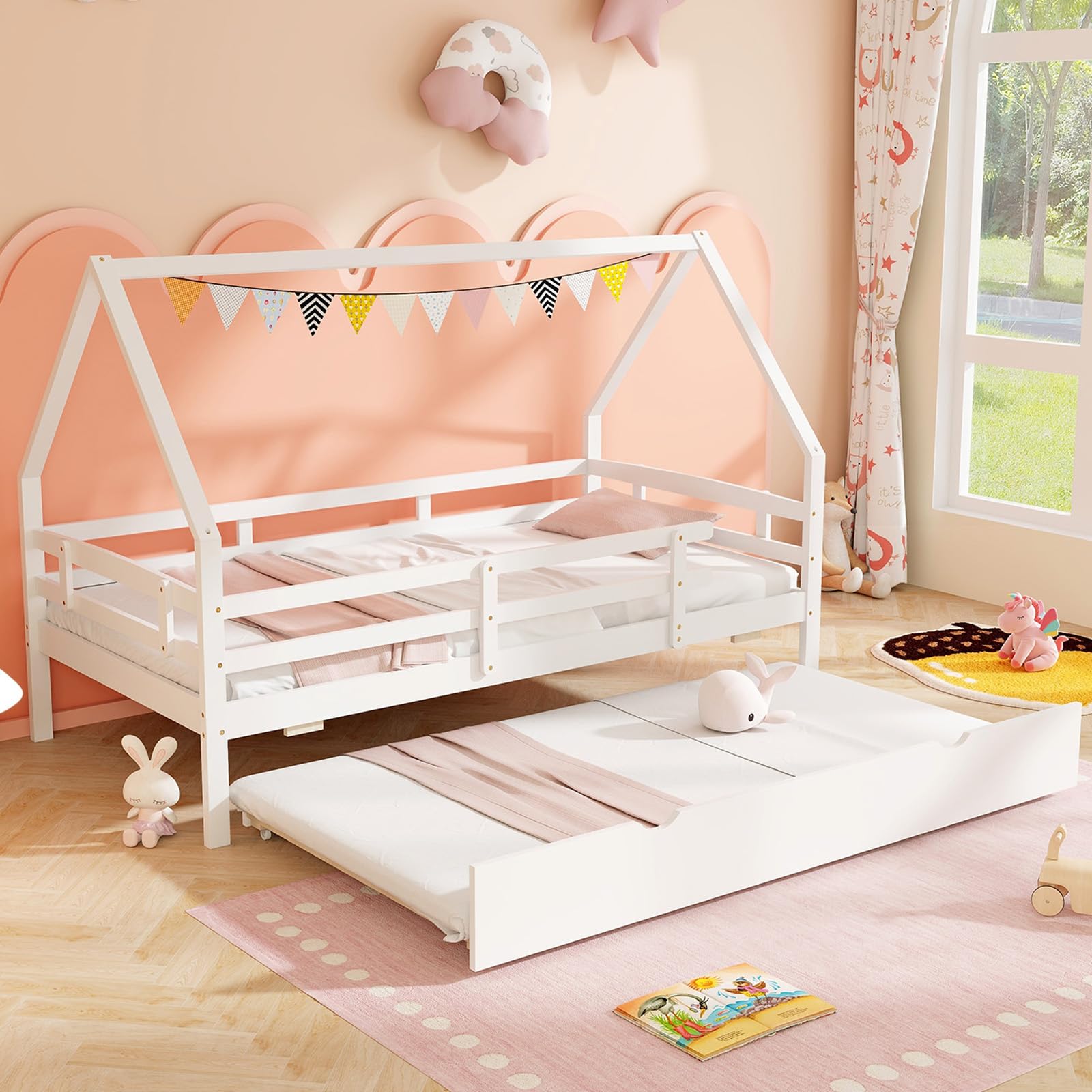 Giantex Twin House Bed with Trundle, Wood Kids Bed Frame with Roof & Fence Rails, Montessori Bed for Kids, Teens, Girls & Boys, No Box Spring Needed, White