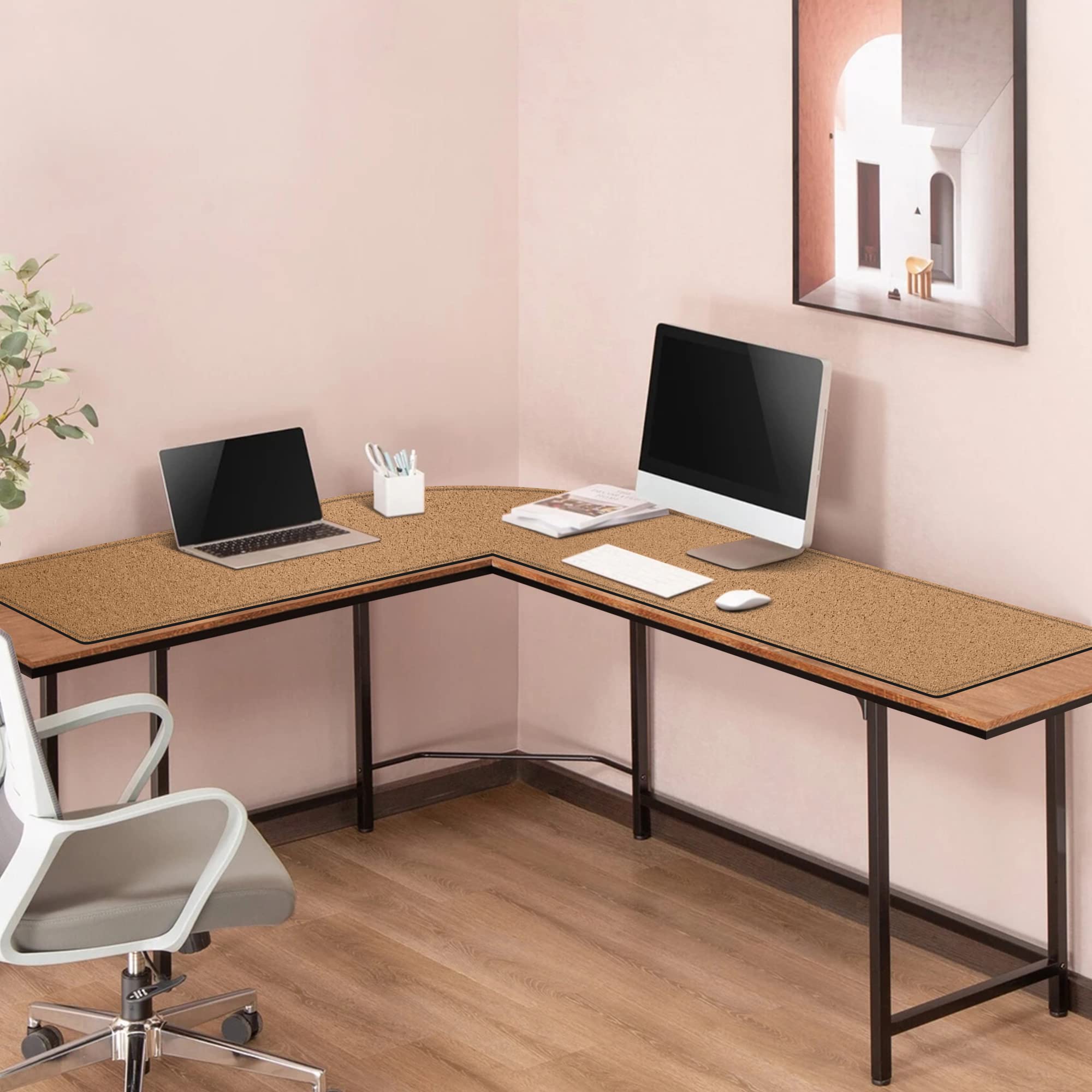 MAIDERN Tappetino Scrivania pelle in Sughero angolare,120x120x40cm sottomano scrivania bifacciale a forma di L,Tappetino per Mouse impermeabile e antiscivolo ，per Casa/Ufficio(Nero)