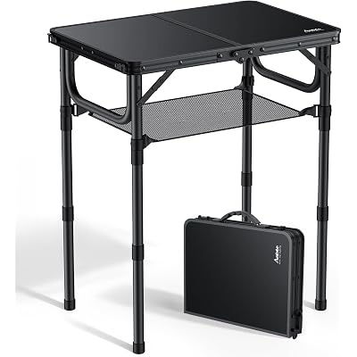 Anbte Folding Camping Table with Storage Net, Pure Black Aluminum 2ft Picnic Table 23.2" x 16" Outdoor Table Adjustable Height Max 27.5", Lightweight, Waterproof, Portable Handle for Travel Cooking