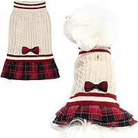 Vista 10 de PAWCHIE Vestido suéter para perro con corbatín, suéter de punto de cuello alto para perros pequeños y niñas, suéter de clima frío con agujero