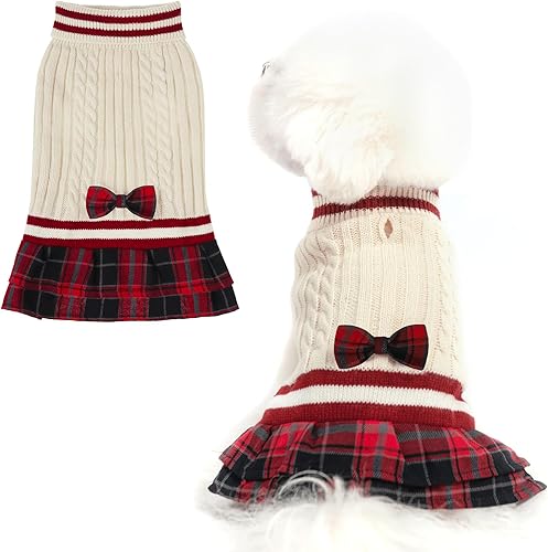 Miniatura 10 de PAWCHIE Vestido suéter para perro con corbatín, suéter de punto de cuello alto para perros pequeños y niñas, suéter de clima frío con agujero