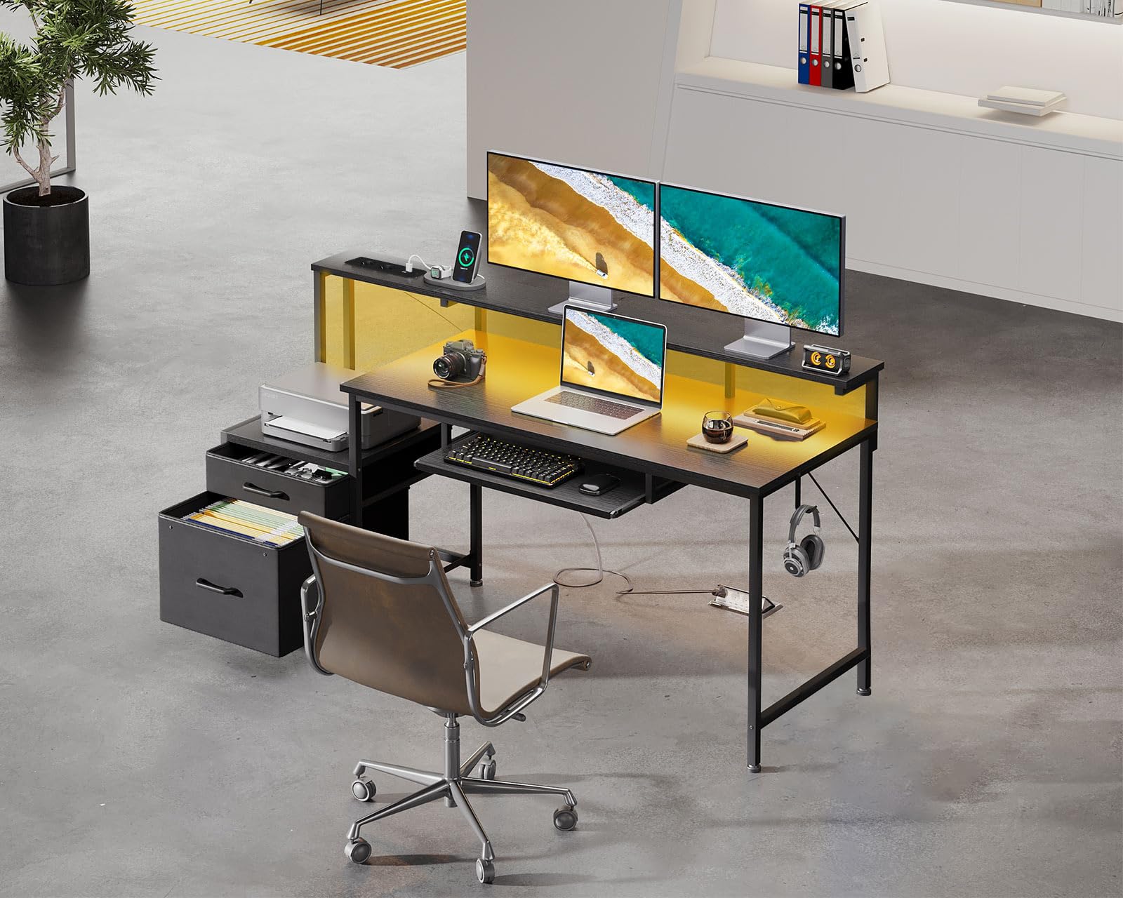 Coleshome Scrivania Gaming con LED e Prese, 140x48cm Scrivania con 2 Cassetti, Tavolo Computer Reversibile con Supporto Monitor e Vassoio per Tastiera Ufficio Casa, Nero