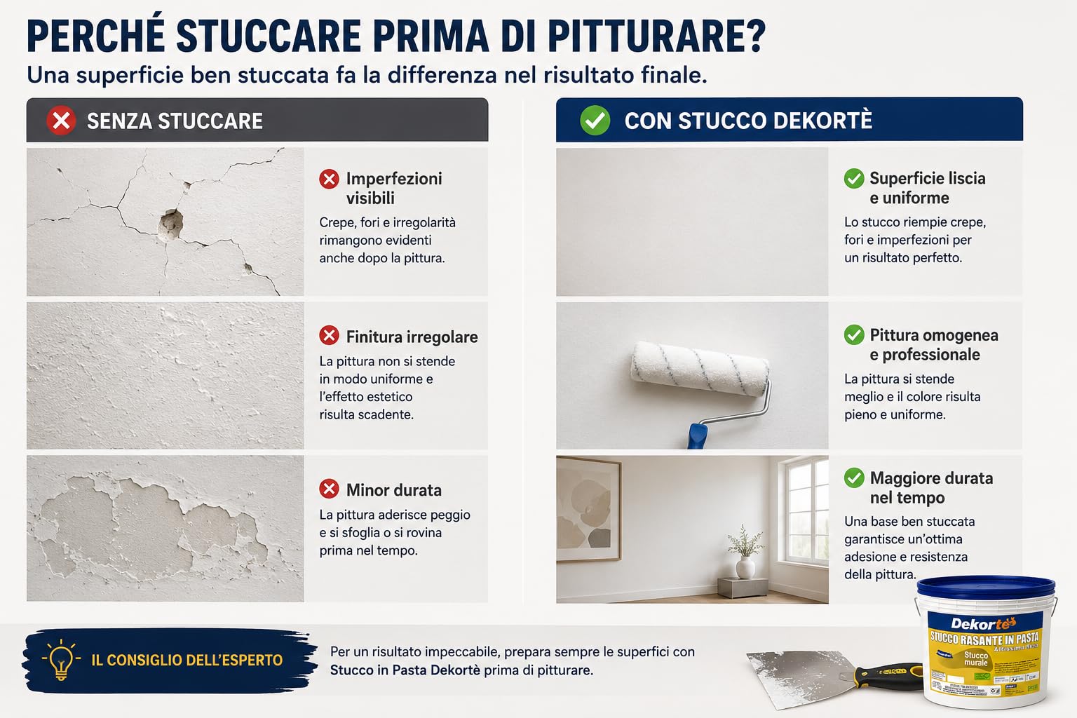 GDM 600016609800820-Stucco Rasante In Pasta, Ideale Per Rasatura Di Pareti Interne, Dekortè, Colore: Bianco, 20 kg