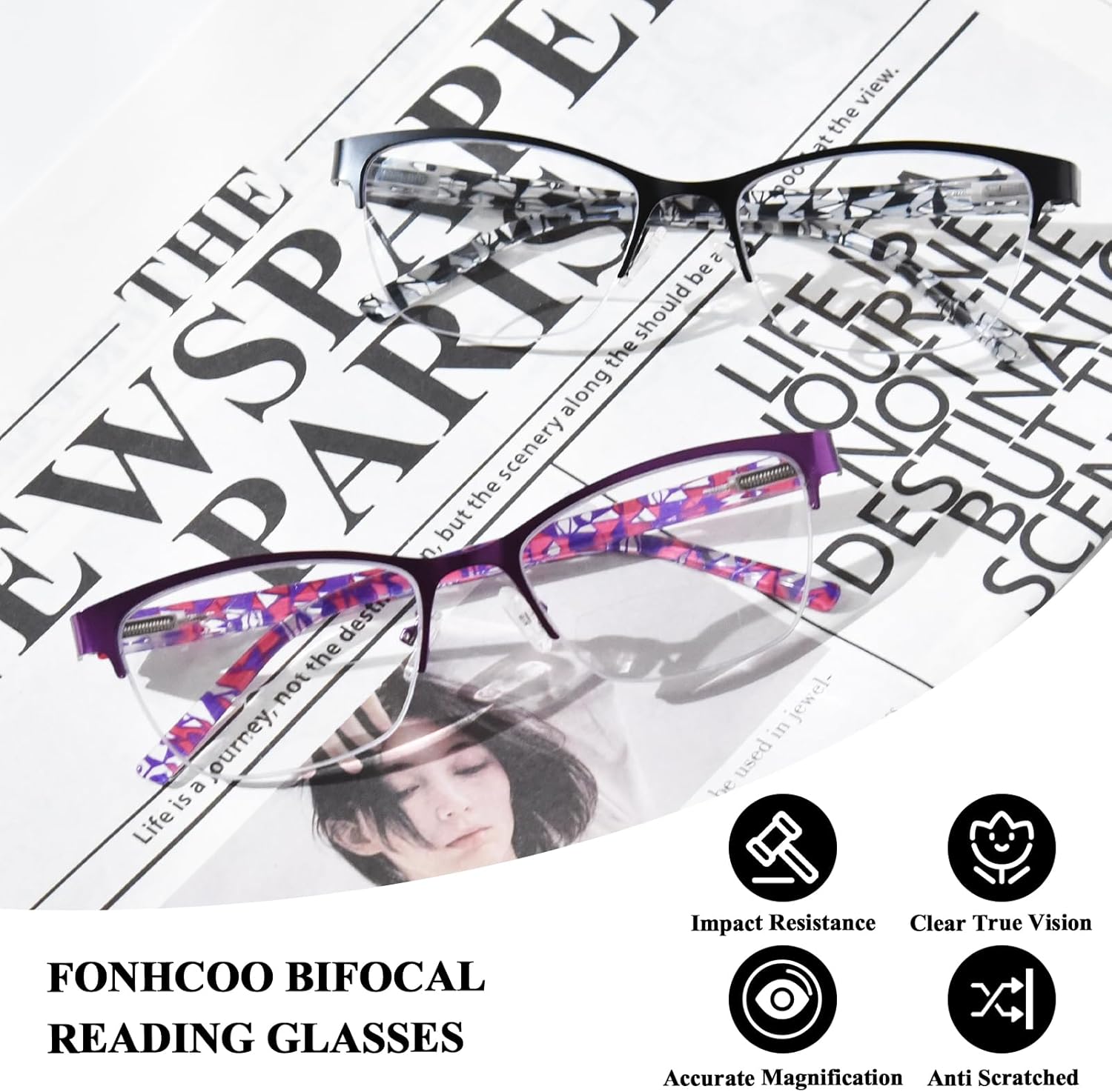 FONHCOO Bifocal Reading Glasses for Women, Metal Spring Hinge Blue Light Blocking Half Frame readers Anti UV/Glare/Eyestrain - Image 6