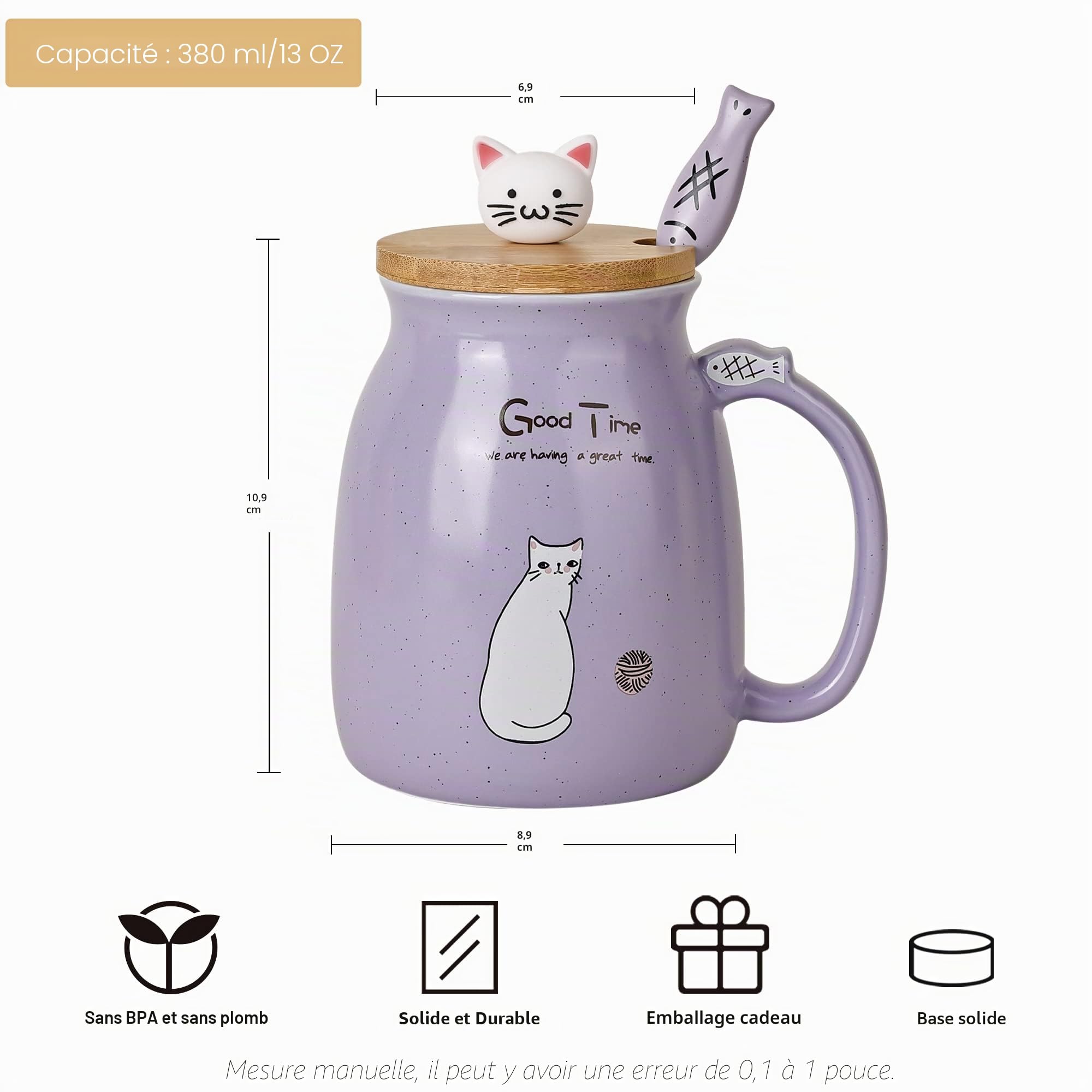 Lot de 4 tasses à café en céramique avec couvercle en forme de chat mignon et cuillère en forme de poisson pour filles et femmes, cadeau de Noël, d'anniversaire, 500 ml (bleu, rose, violet, jaune)
