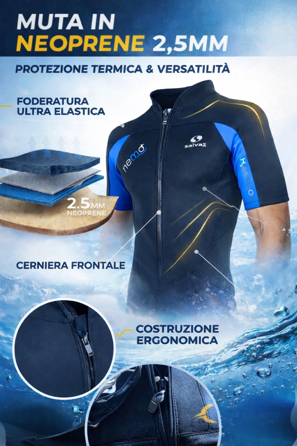 Salvas Muta Uomo Shorty Nemo in Neoprene da 2,5mm - Muta Nuoto con Cerniera Anteriore ideale per Immersioni, Snorkeling e Surf - Diving Jacket con eccellente Protezione dai Raggi UV