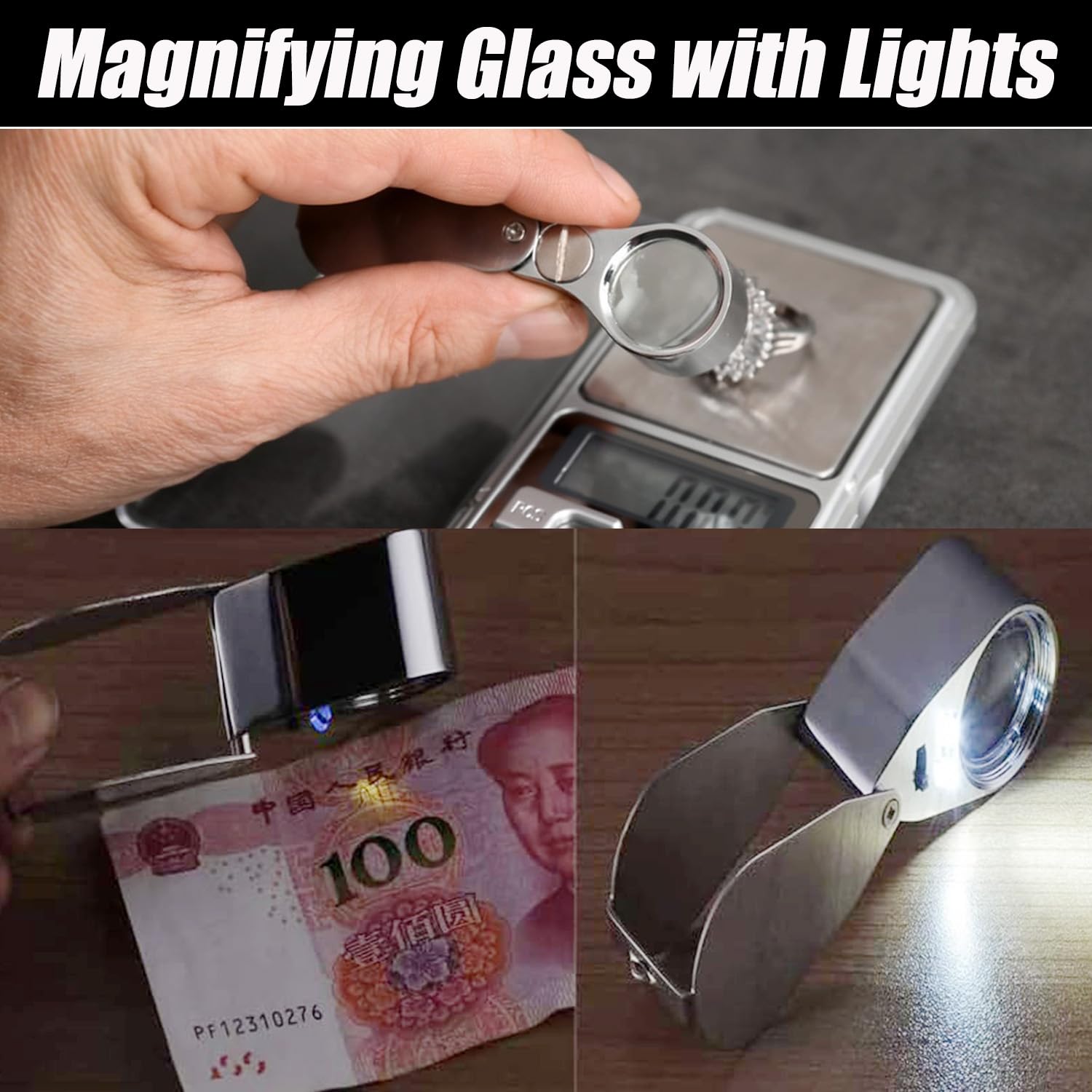 Rongon Pocket Magnifying Glass 40X Dual Light LED UV Jewelry Loupe - High Magnification Portable Magnifier Lens for Gemstone Identification, Watch Repair & Scientific Observation - Image 3