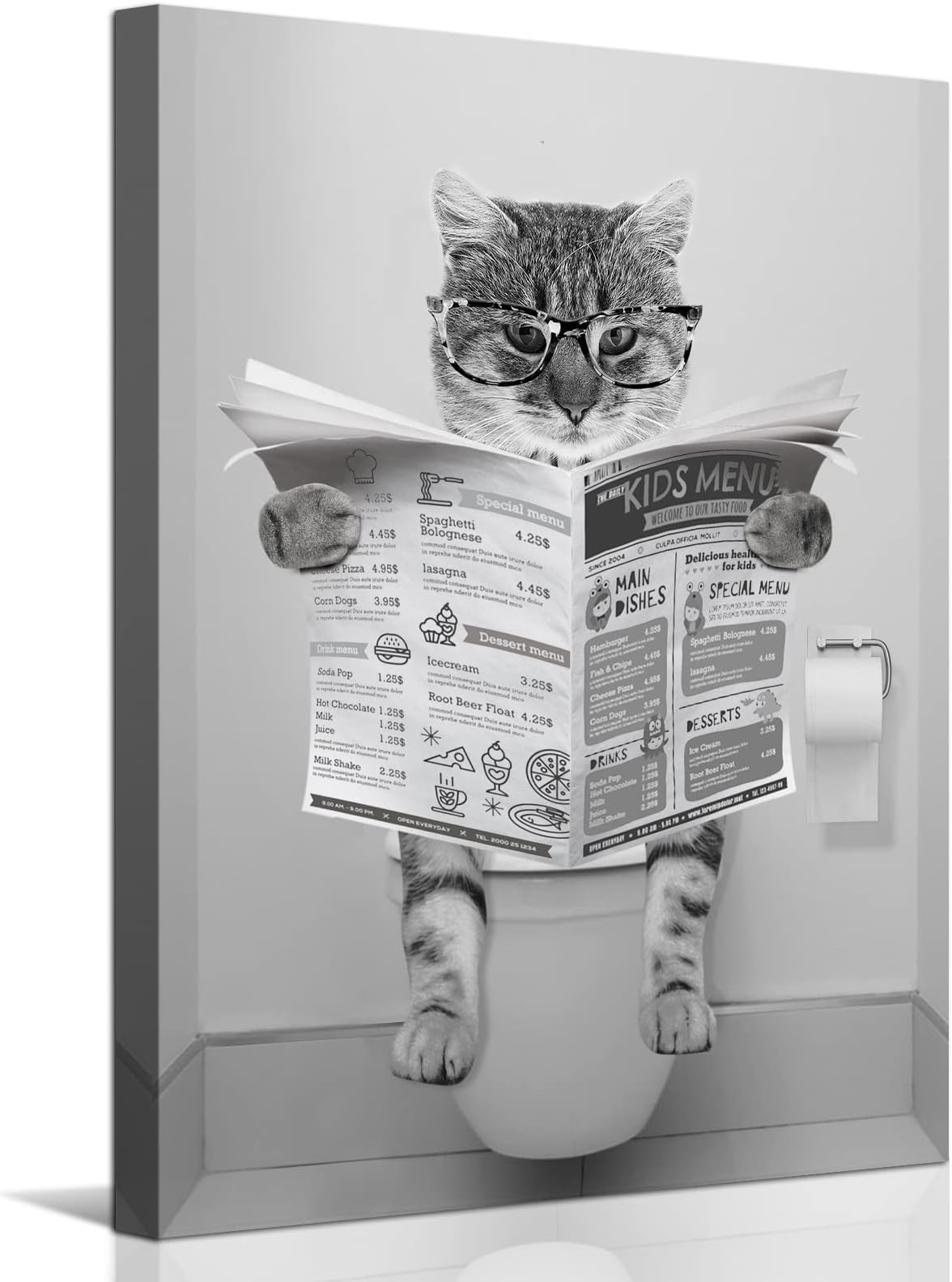 Funny Cat Canvas Wall Art Black and White Picture Prints Modern Bathroom Wall Decor Cat Sitting in Toilet Reading Newspaper Painting for Bathroom Toilet Washroom Animals Artwork Framed 12"x16"