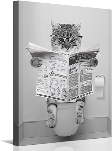 Divertido lienzo de pared de gato en blanco y negro, decoración moderna de pared de baño, gato sentado en el inodoro, lectura de periódicos, pintura