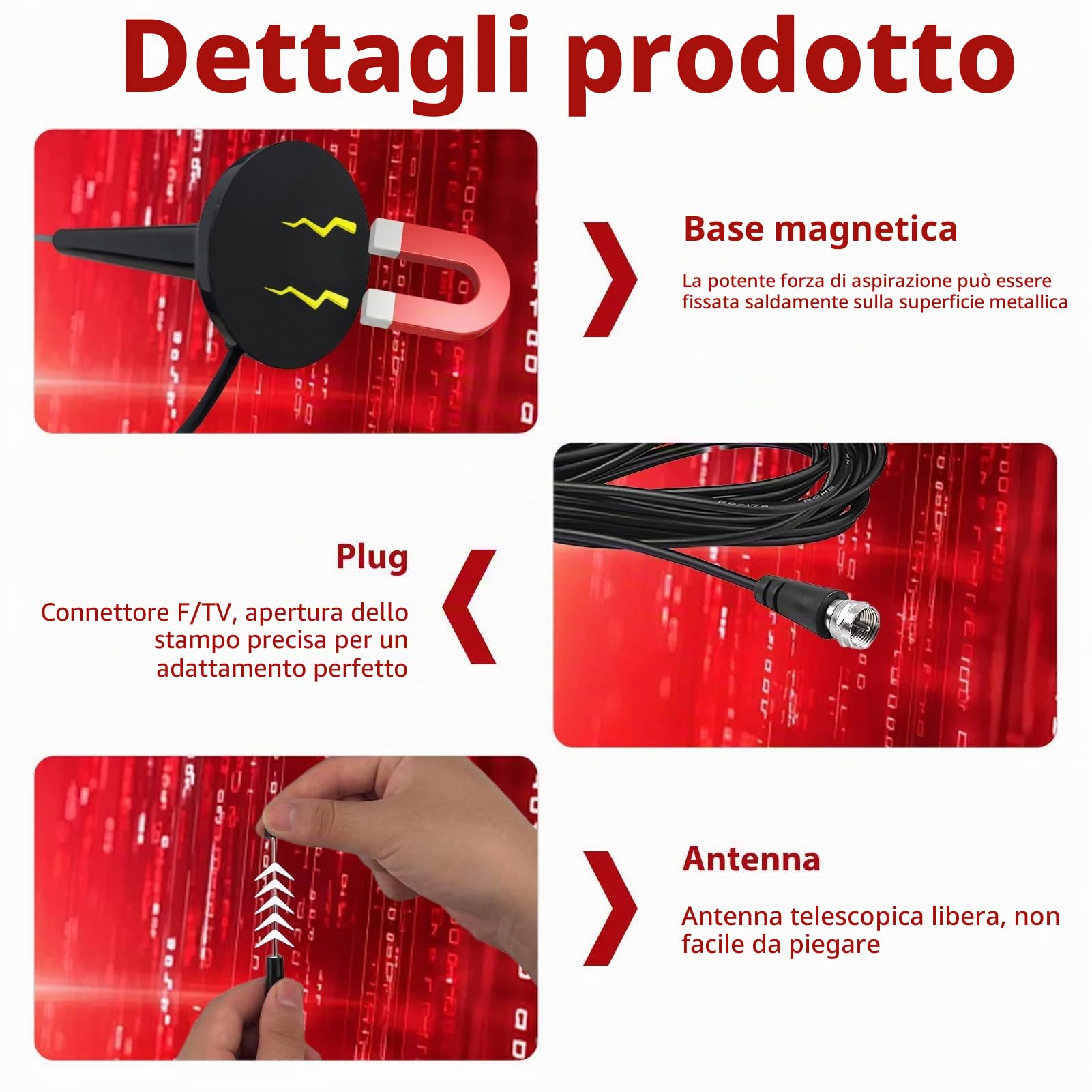 Antenna radio FM DAB+ con base magnetica e cavo da 3m, antenna telescopica 75 Ohm per DAB+ e FM, sistemi HiFi, ricevitori AV, home theater, sintonizzatori stereo, radio portatili
