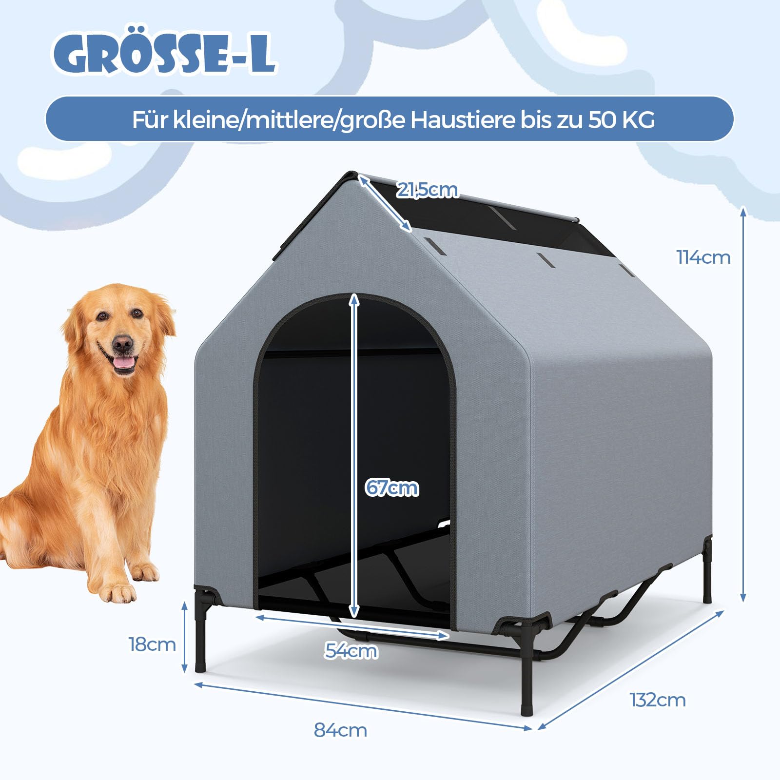 COSTWAY 2 in 1 Hundehütte & erhöhtes Hundebett, Hundeliege Outdoor, Haustierhaus mit atmungsaktivem Netzgewebe & Abnehmbarer Abdeckung, Hundehaus für große Hunde, Oxford, Grau (84 x 132 x 114 cm)