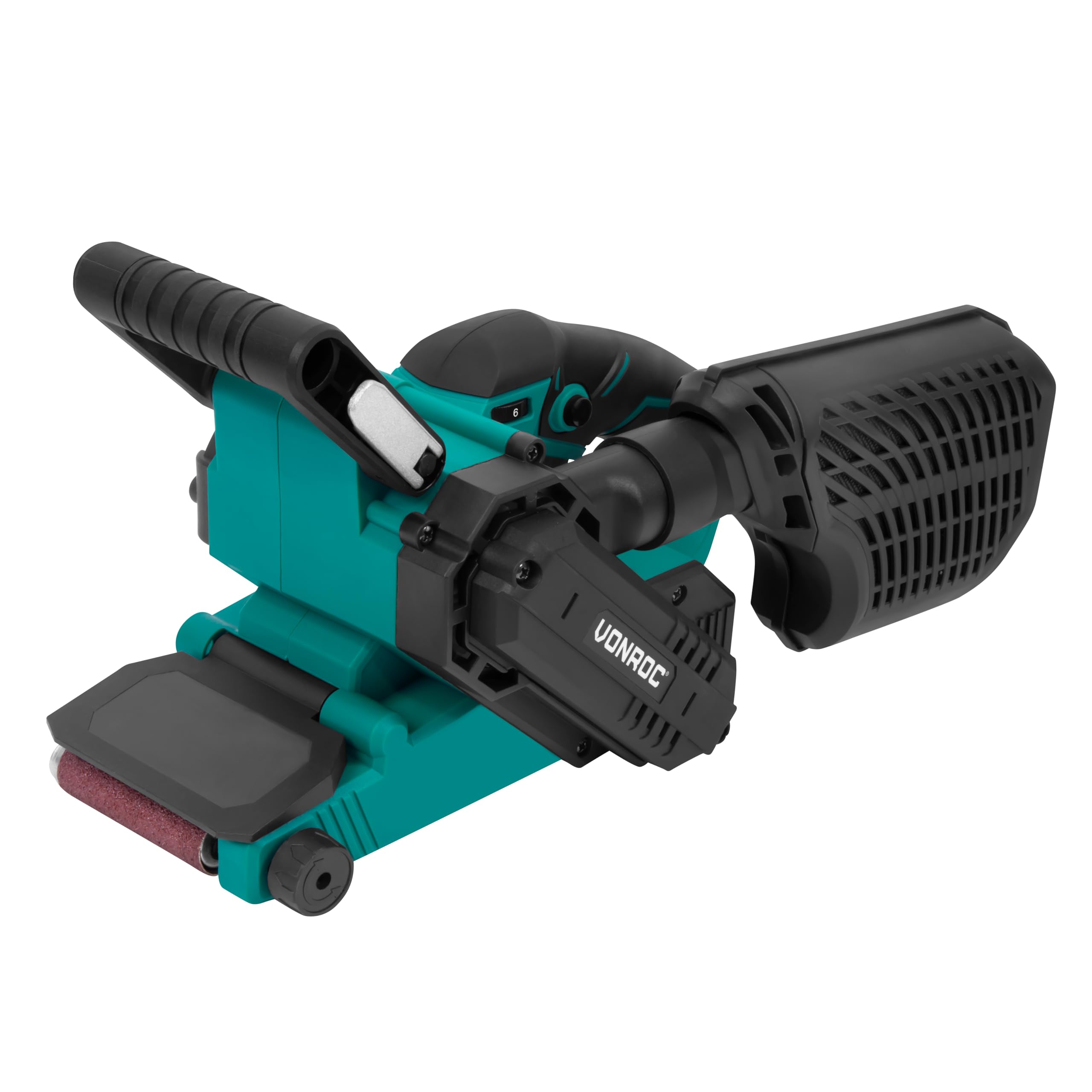 VONROC - Lijadora de banda de 710 W, incluye 6 bandas abrasivas, velocidad variable: 120-380 r/min, incluye una bandeja de recuperación de polvo resistente, apta para bandas abrasivas de 75 x 457 mm